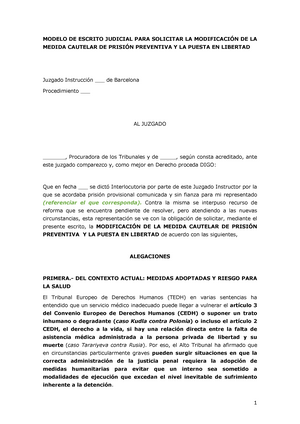 Modelo solicitud modificacion prision covid 19 - MODELO DE ESCRITO JUDICIAL  PARA SOLICITAR LA - Studocu