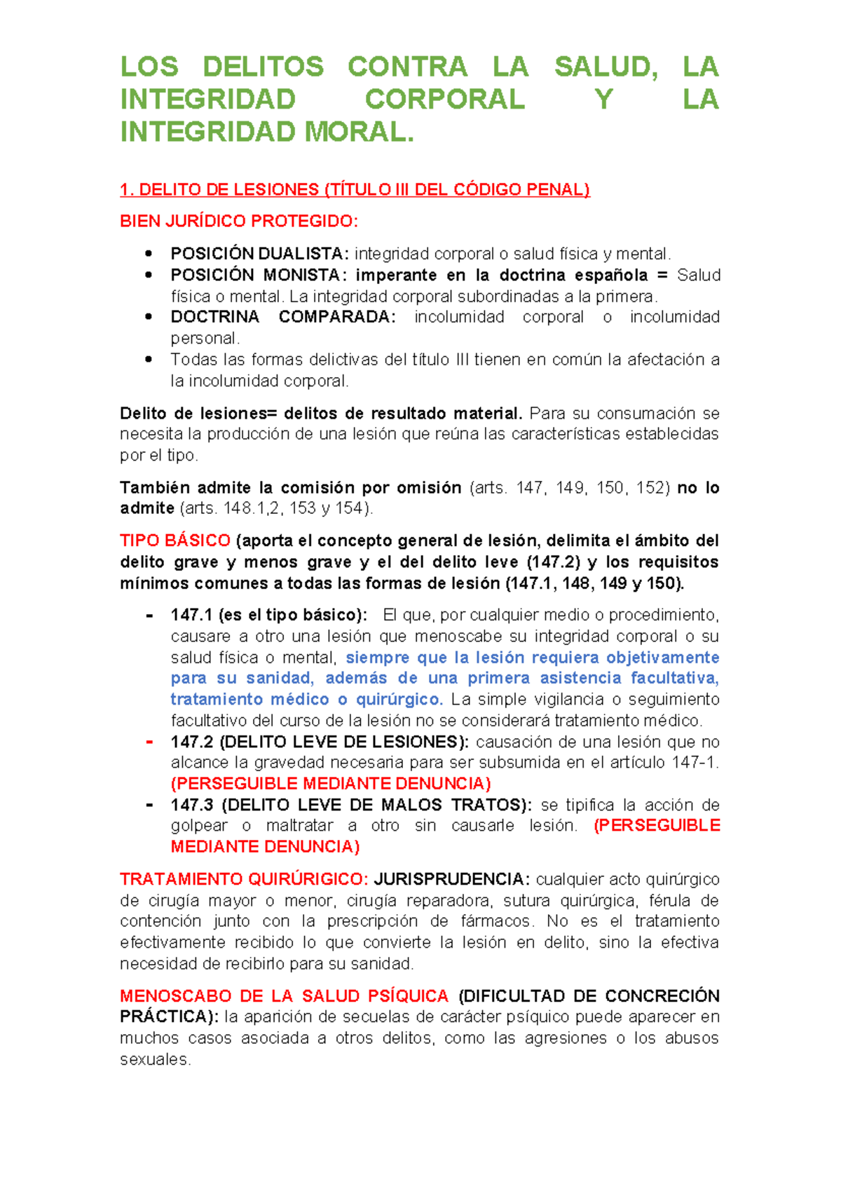 Resumen Delitos Contra LA Salud, Integridad Corporal Y Moral ...