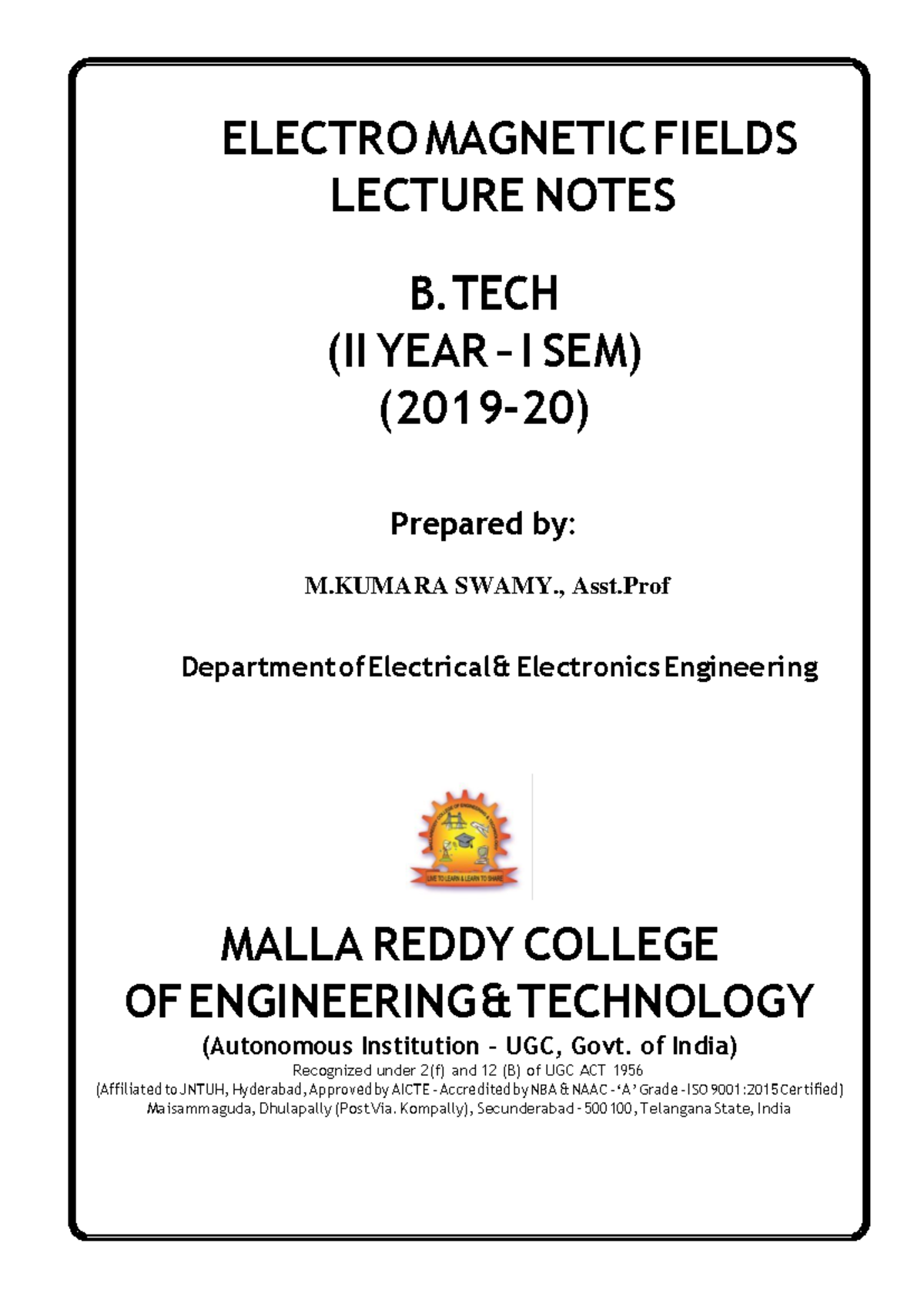 EMF Notes - ELECTRO MAGNETIC FIELDS LECTURE NOTES B (II YEAR – I SEM ...