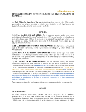 Grupo 1 Demanda nulidad asamblea - Juicio ordinario nuevo SEÑOR JUEZ DE  PRIMERA INSTANCIA DEL RAMO - Studocu