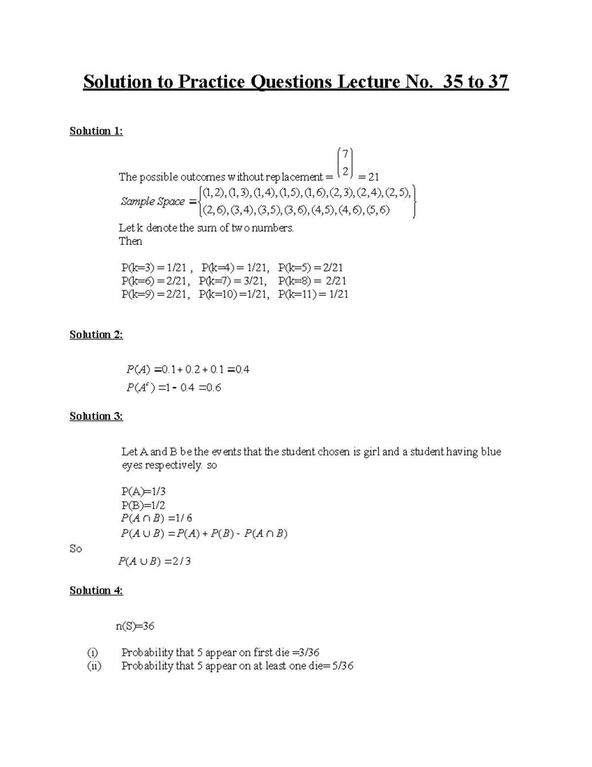 Solution to Practice Questions Lecture No 35 to 37 - Discreate ...