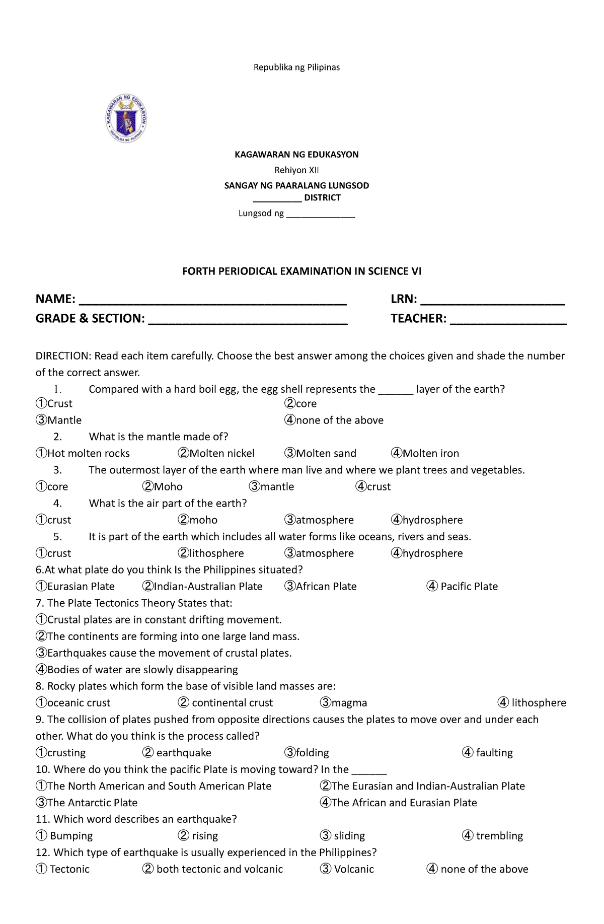 Periodical Test Science 6 - 4th Quarter V1 - Republika Ng Pilipinas ...