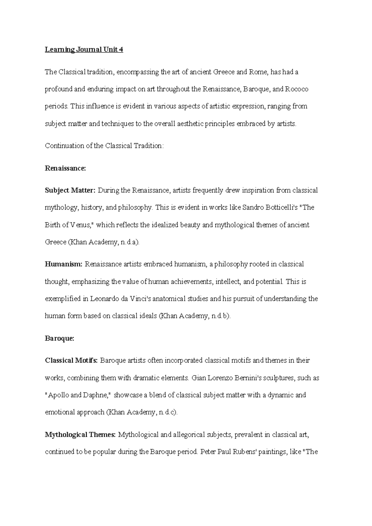 Learning Journal Unit 4(Art History) - Learning Journal Unit 4 The ...