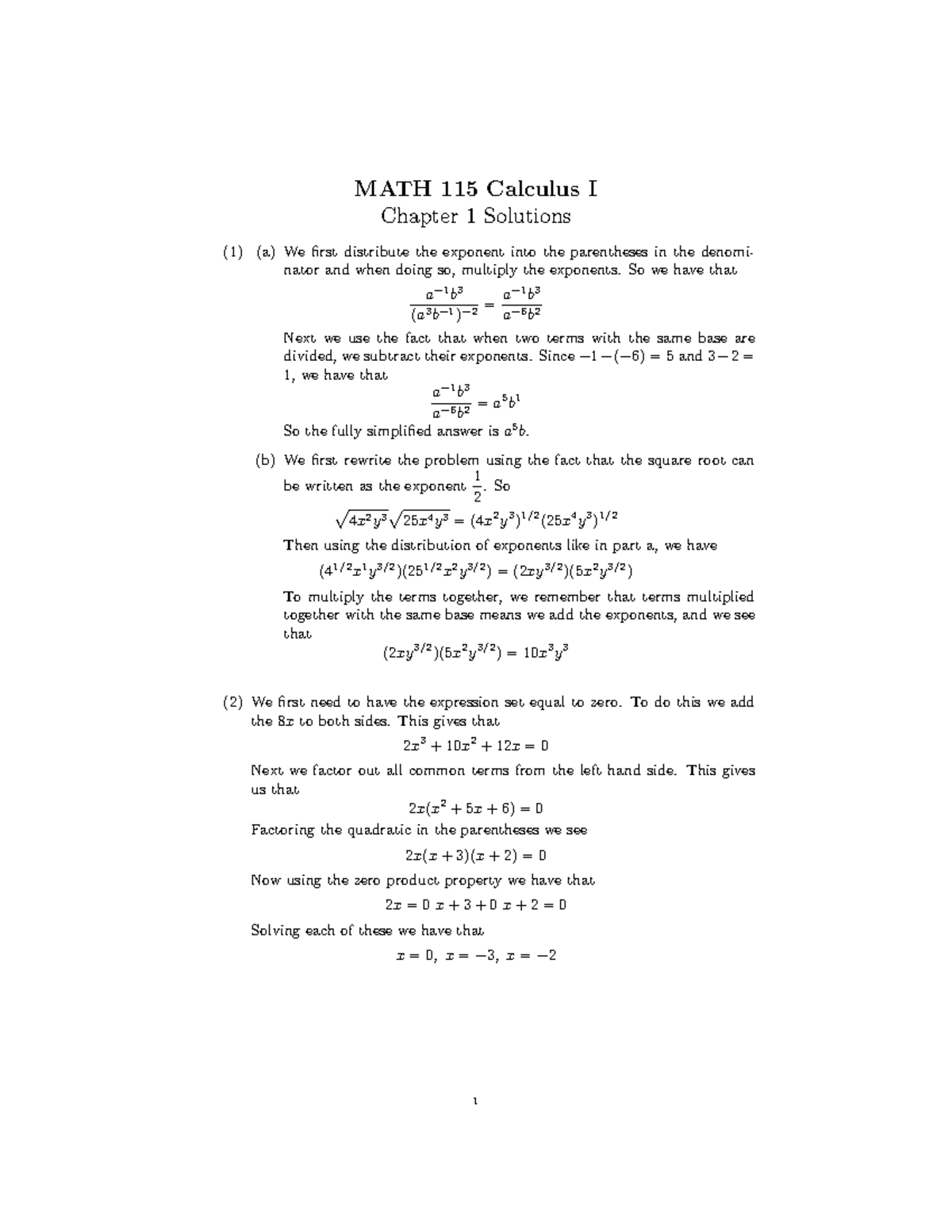 Chapter 1 Solutions - MATH 115 Calculus I Chapter 1 Solutions (1) (a ...