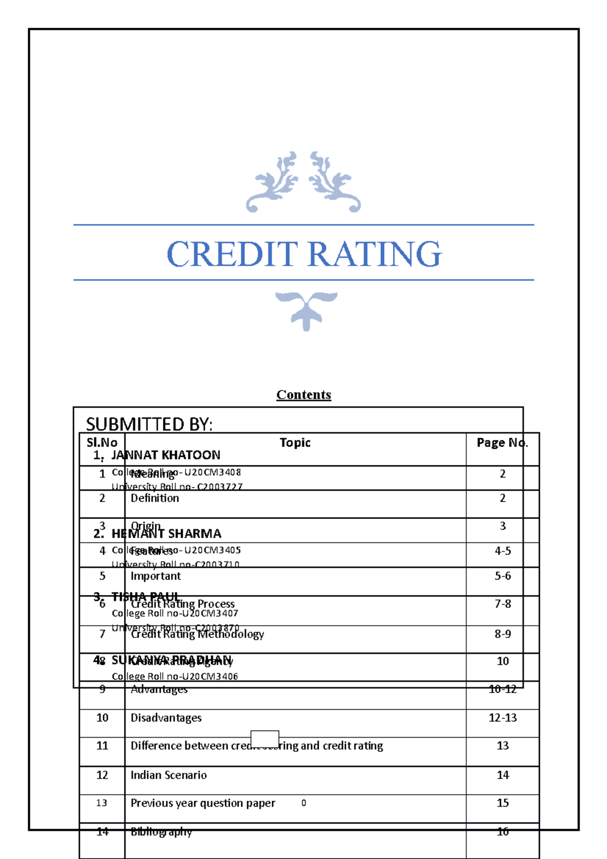 Cedit rating 2 - CREDIT RATING Contents 0 SUBMITTED BY: 1. JANNAT ...