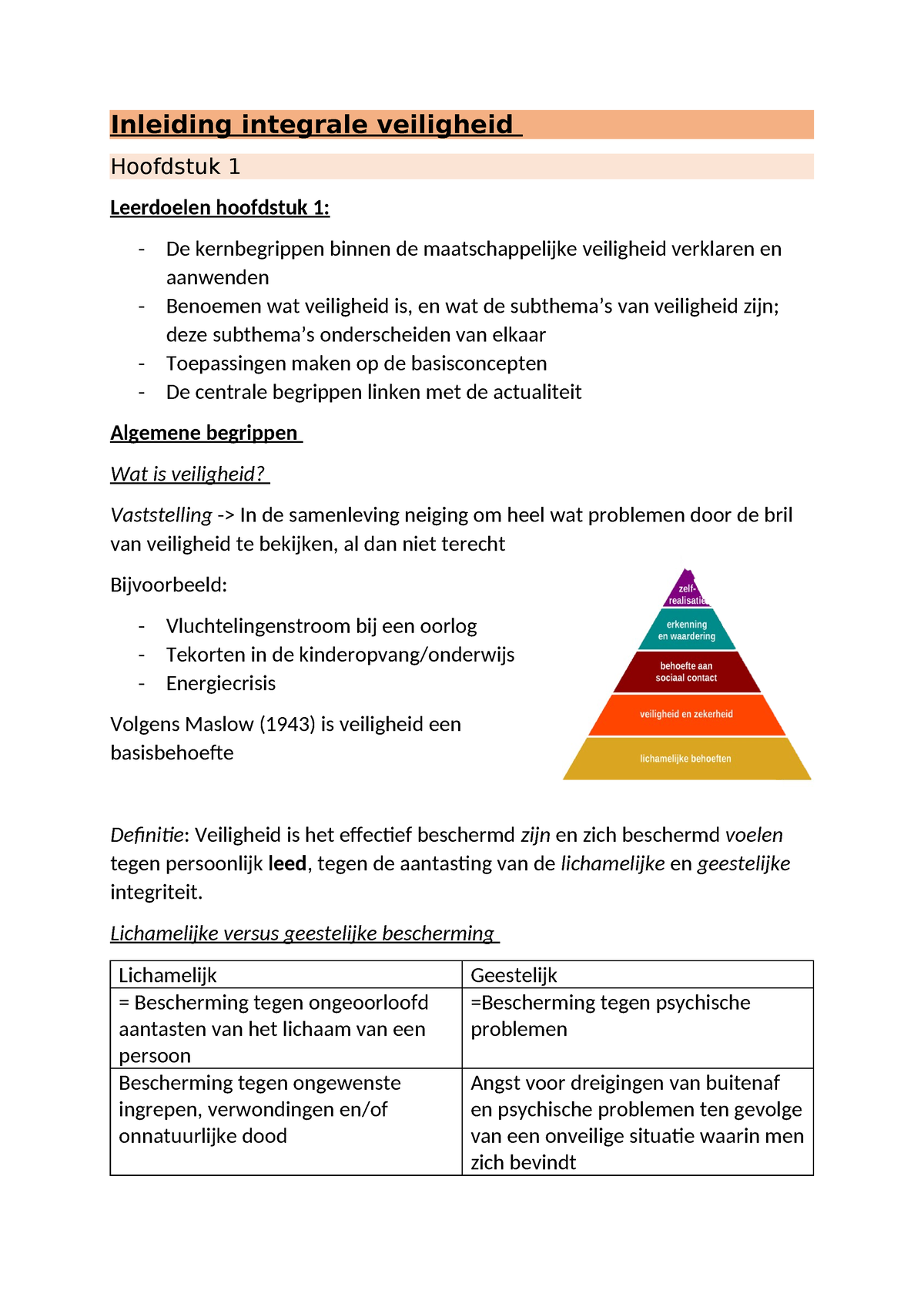 Samenvatting 3 Lessen - Inleiding Integrale Veiligheid Hoofdstuk 1 ...