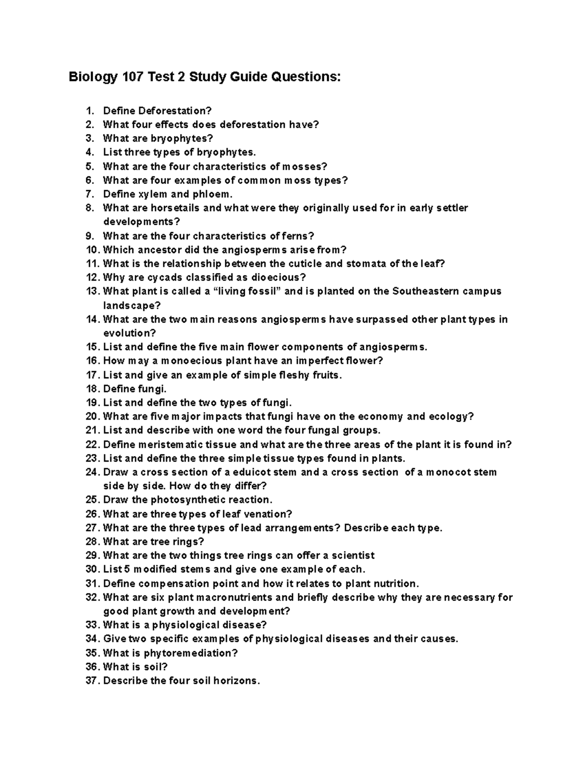 Biology 107 Test 2 Study Guide Questions Biology 107 Test 2 Study
