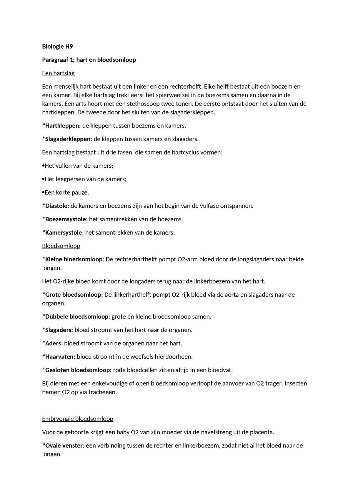 Biologie H9 Samenvatting - Biologie H Paragraaf 1; Hart En Bloedsomloop ...