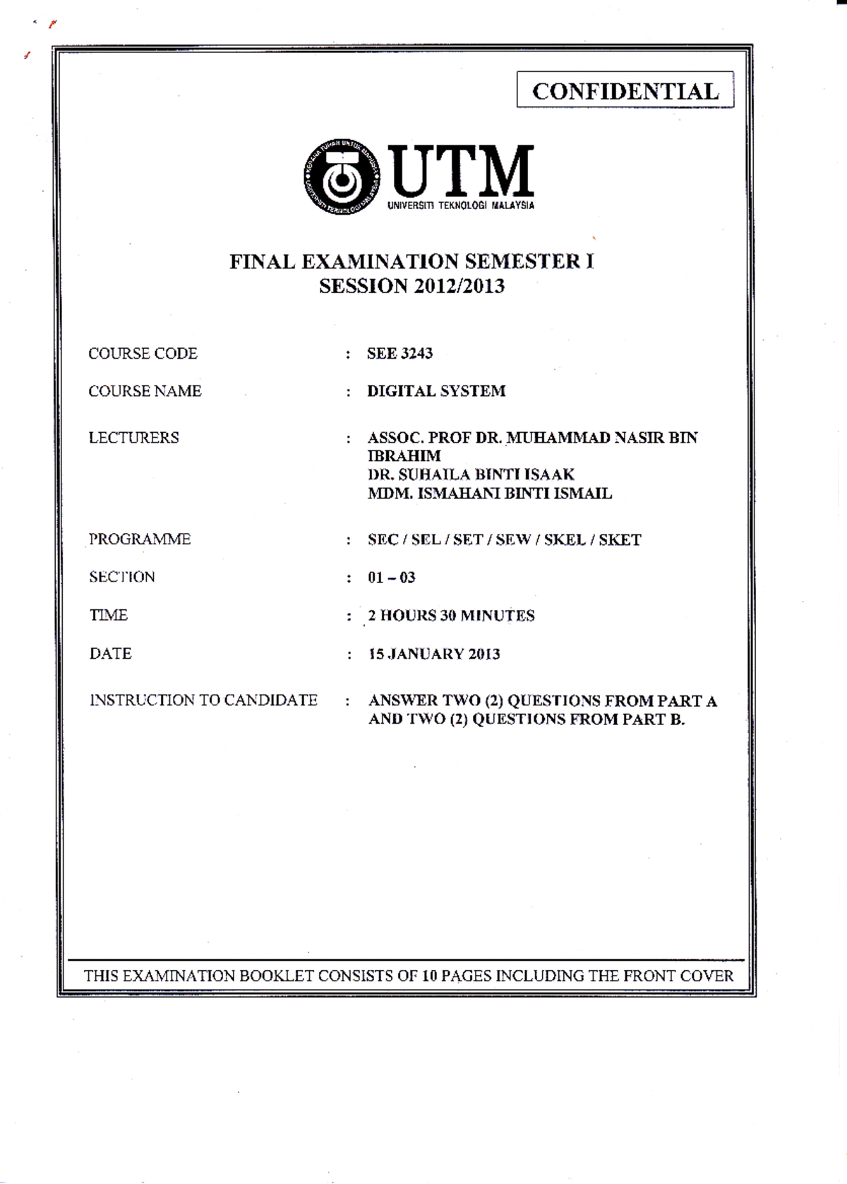 Final Examination Semester I Session 1213_Digital System - CONFIDENTIAL ...