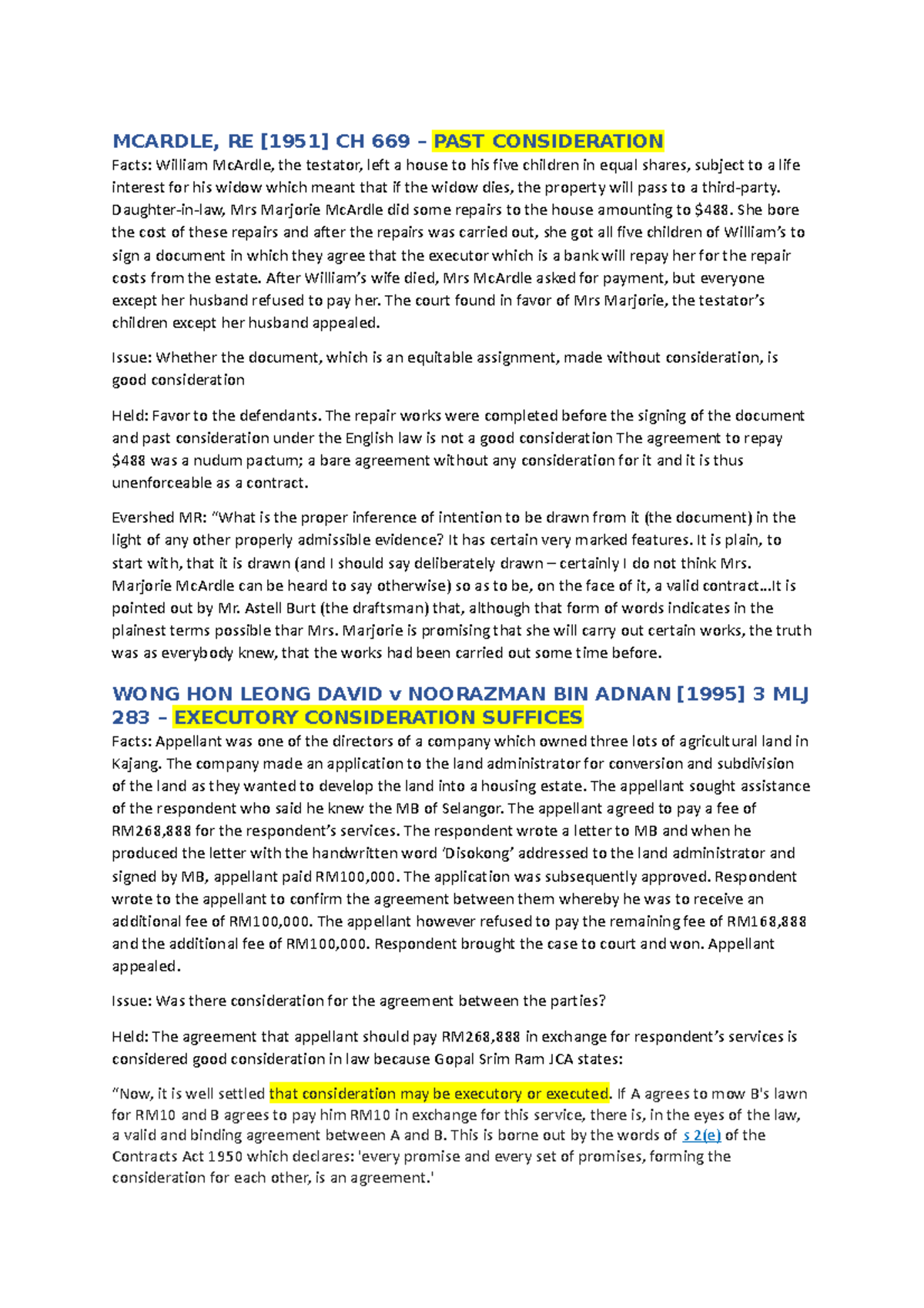 2. Consideration (Cases) - MCARDLE, RE [1951] CH 669 – PAST ...