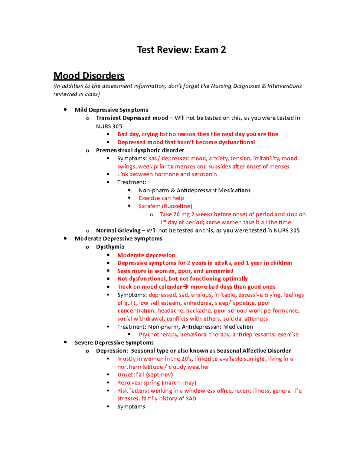 Mental health- Test 2 study guide - Test Review: Exam 2 Mood Disorders ...