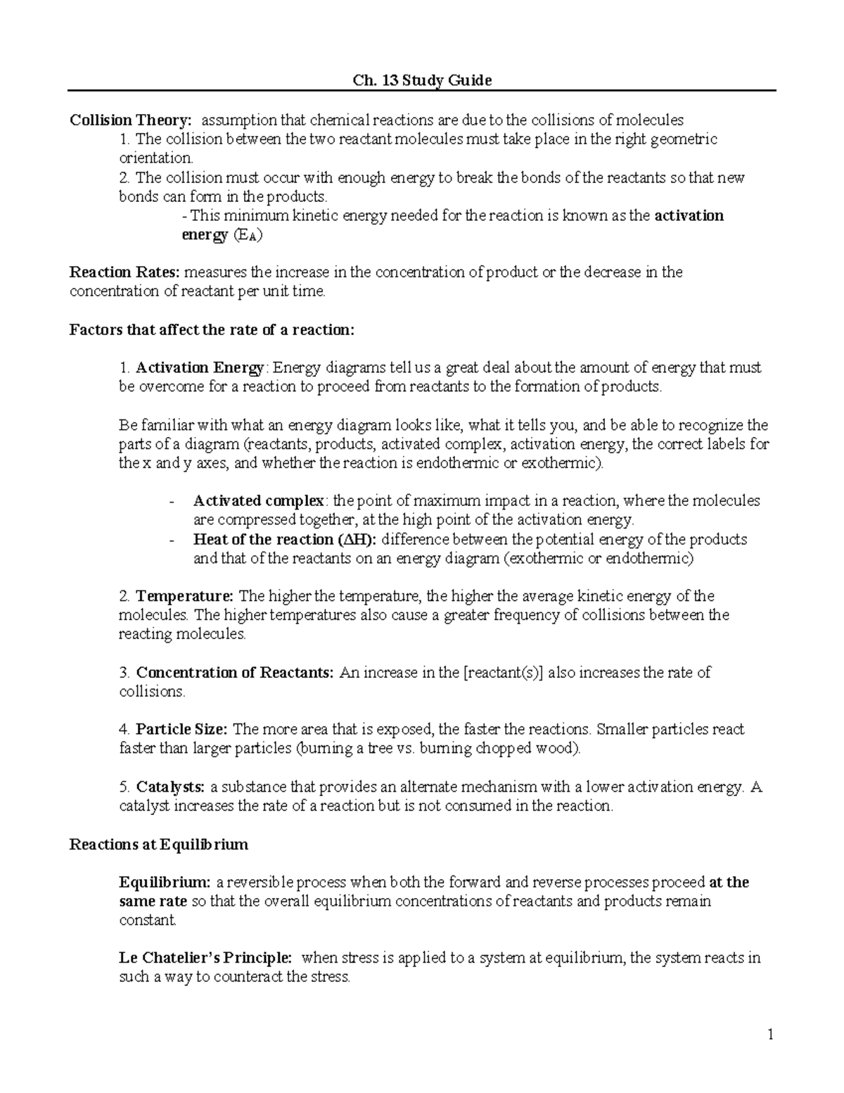Chapter 13 - Reaction Rates and Equilibrium Study Guide - Ch. 13 Study ...
