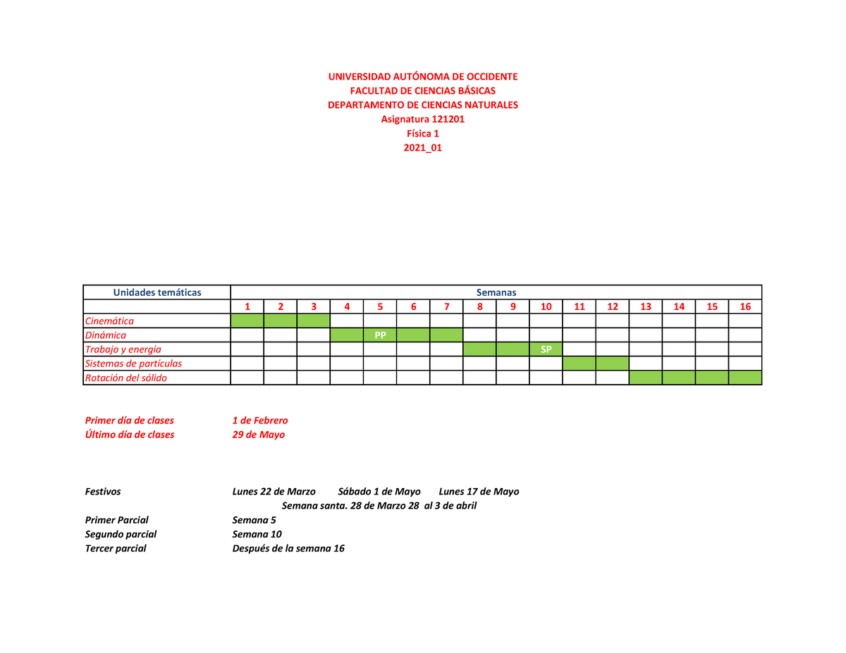 Cronograma F1 2021 01 fisica 1 cronograma de evaluacion UNIVERSIDAD