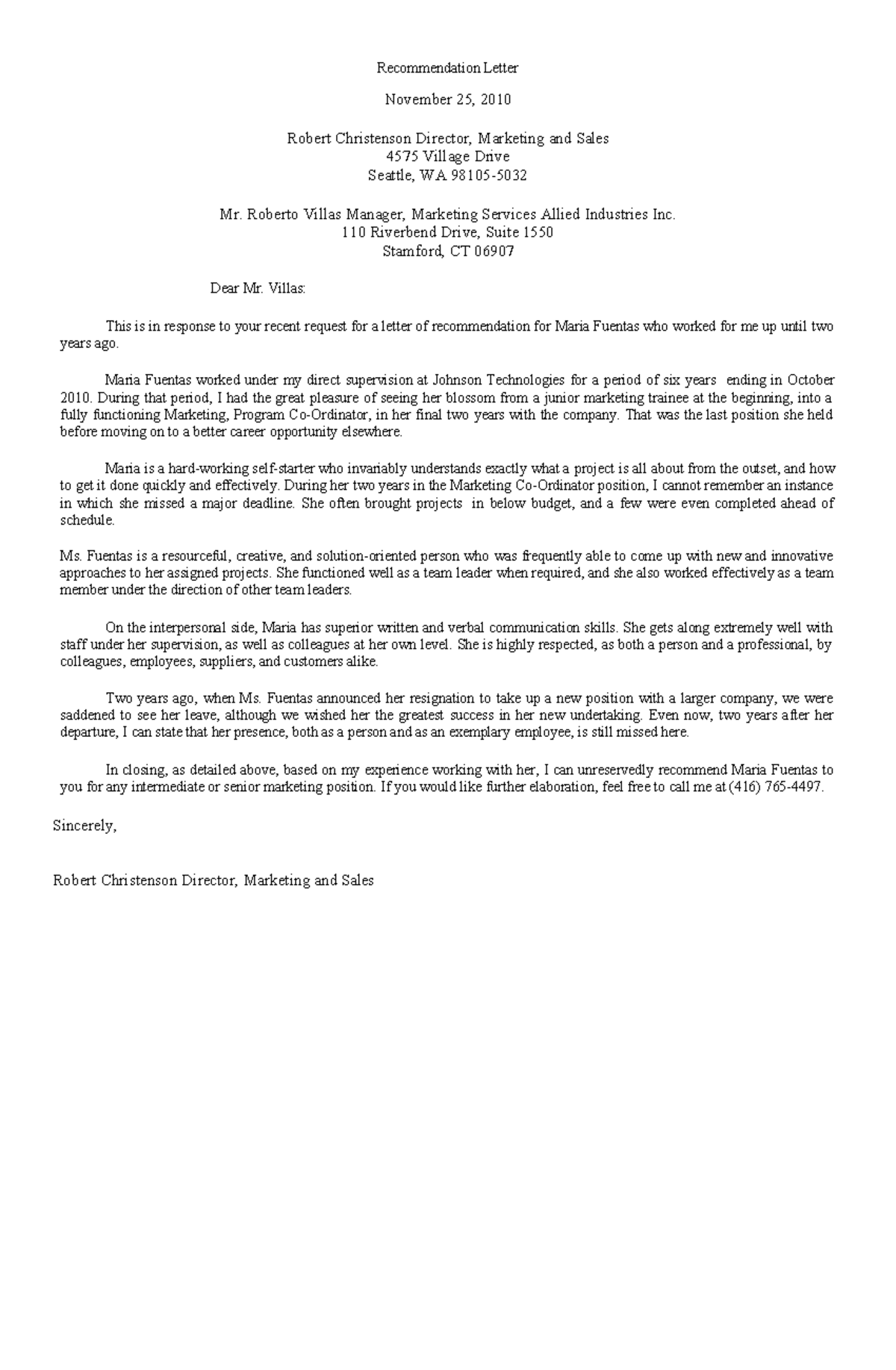 Recommendation Letter - Recommendation Letter November 25, 2010 Robert ...