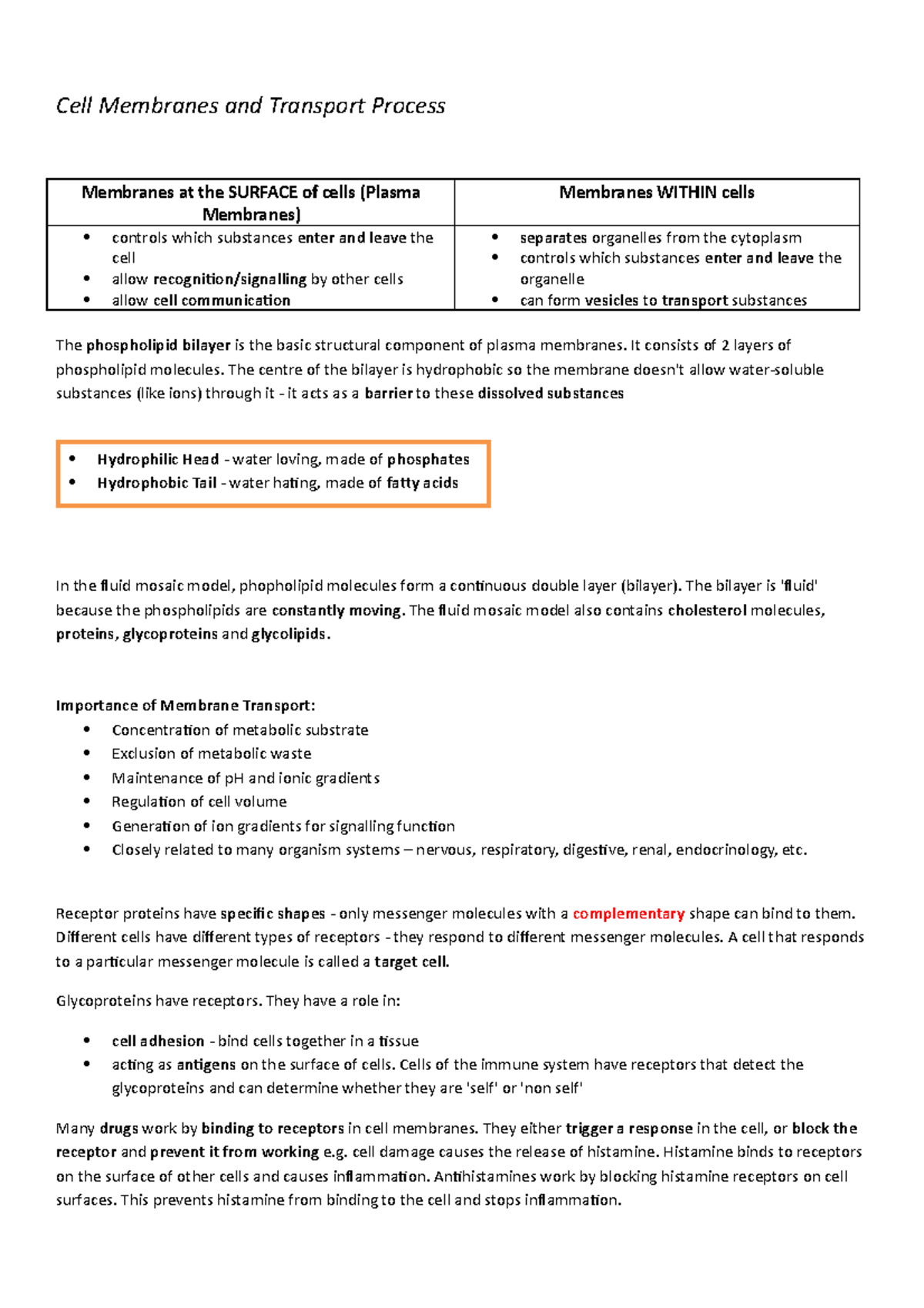 Memebrane Transport - lecture notes - Cell Membranes and Transport ...