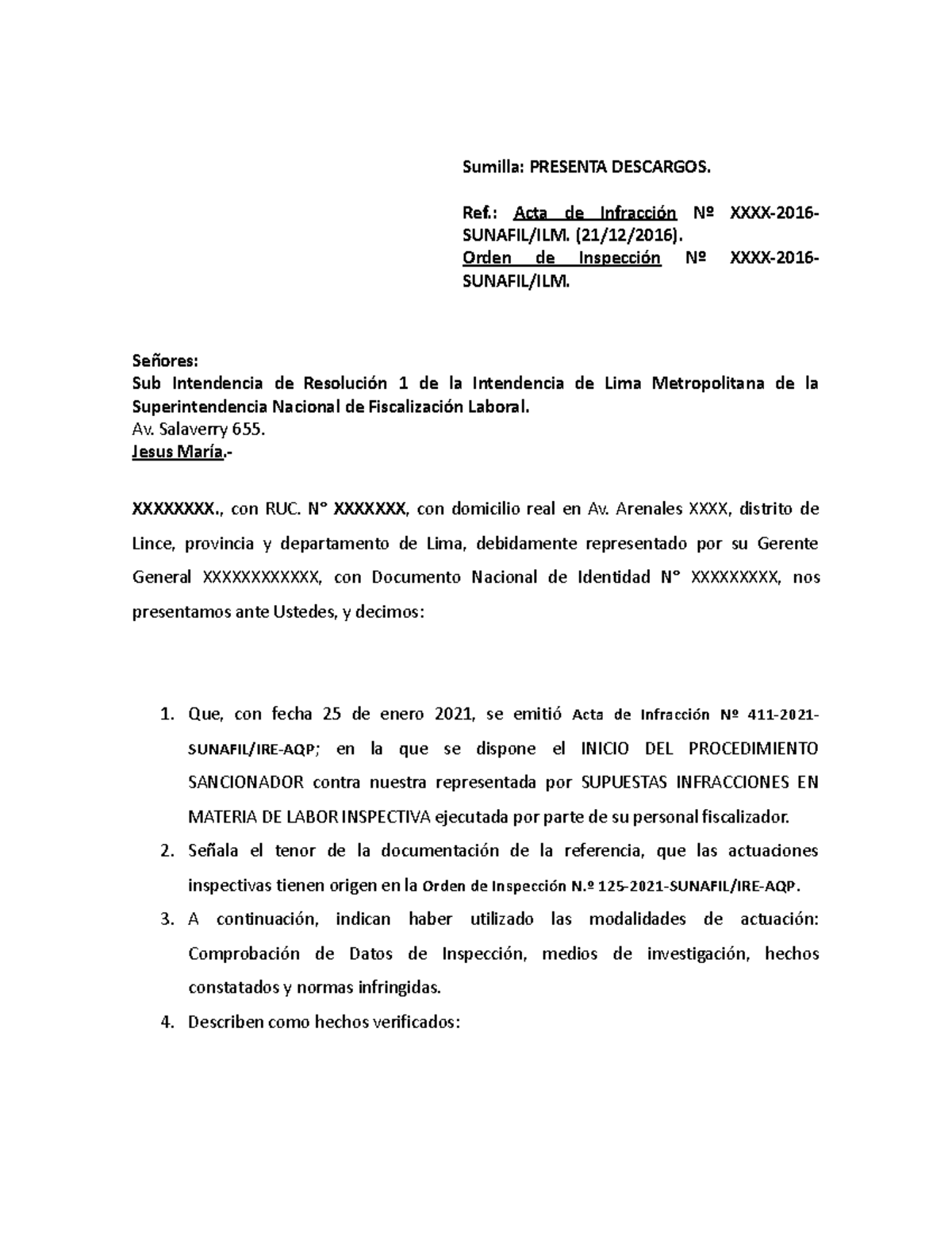 Modelo DE Descargo Sunafil - Sumilla: PRESENTA DESCARGOS. Ref.: Acta de ...
