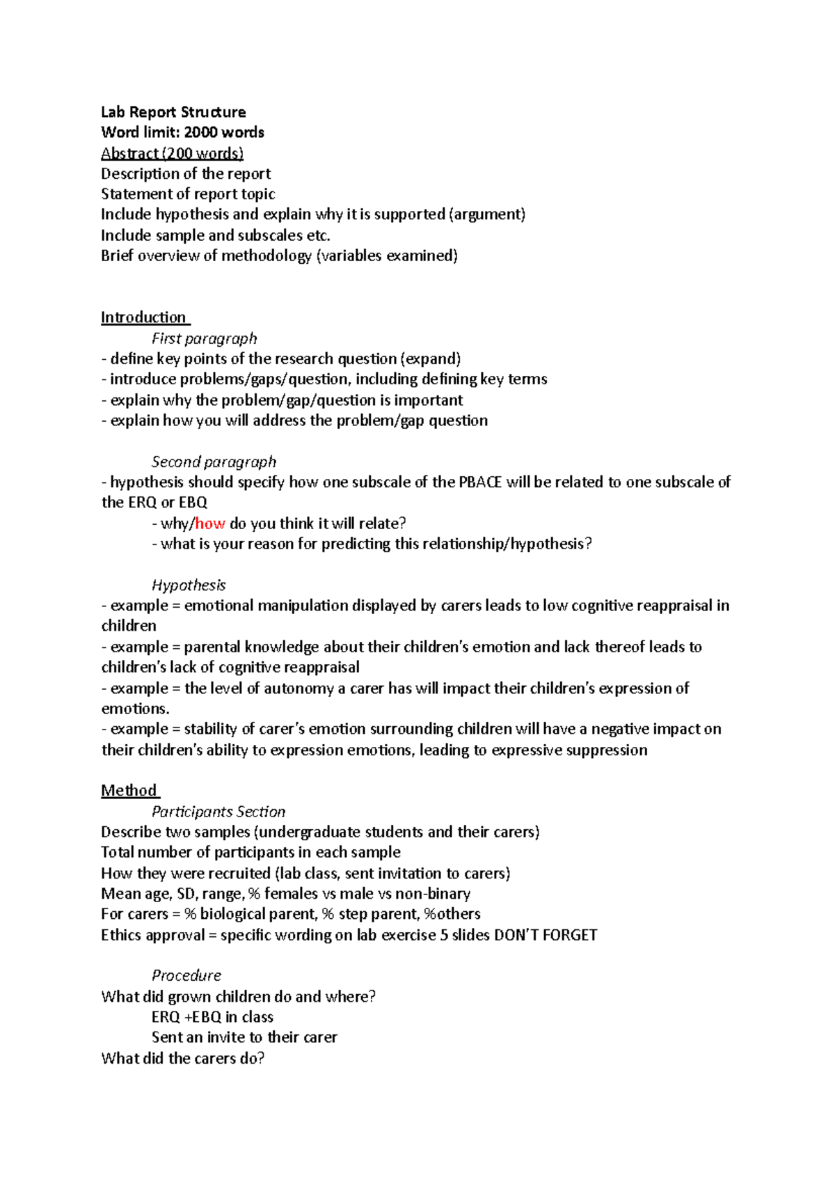 Lab Report Structure - Example template of how to format exam - Lab ...
