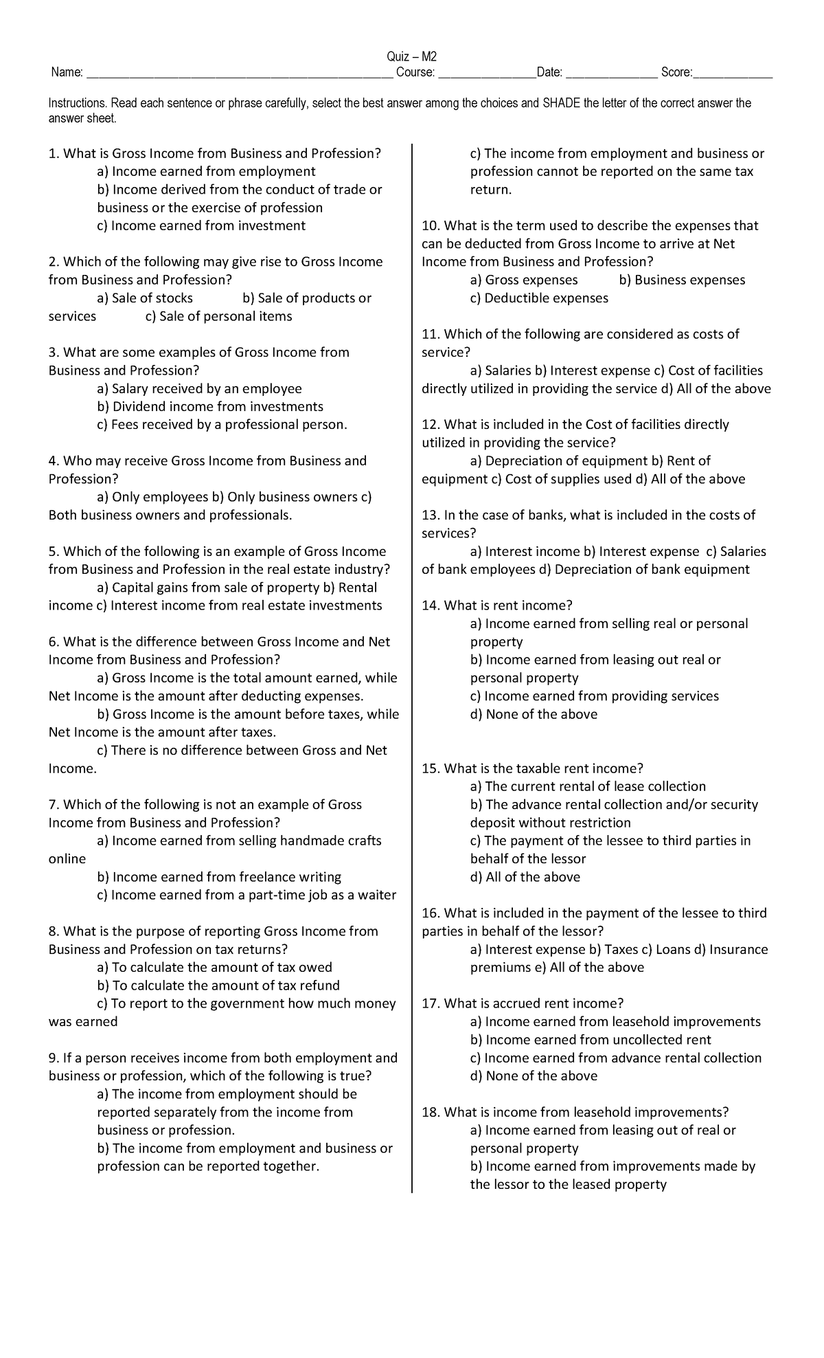 Week 8 Quiz with no answer with bubble sheet - Quiz – M Name: - Studocu