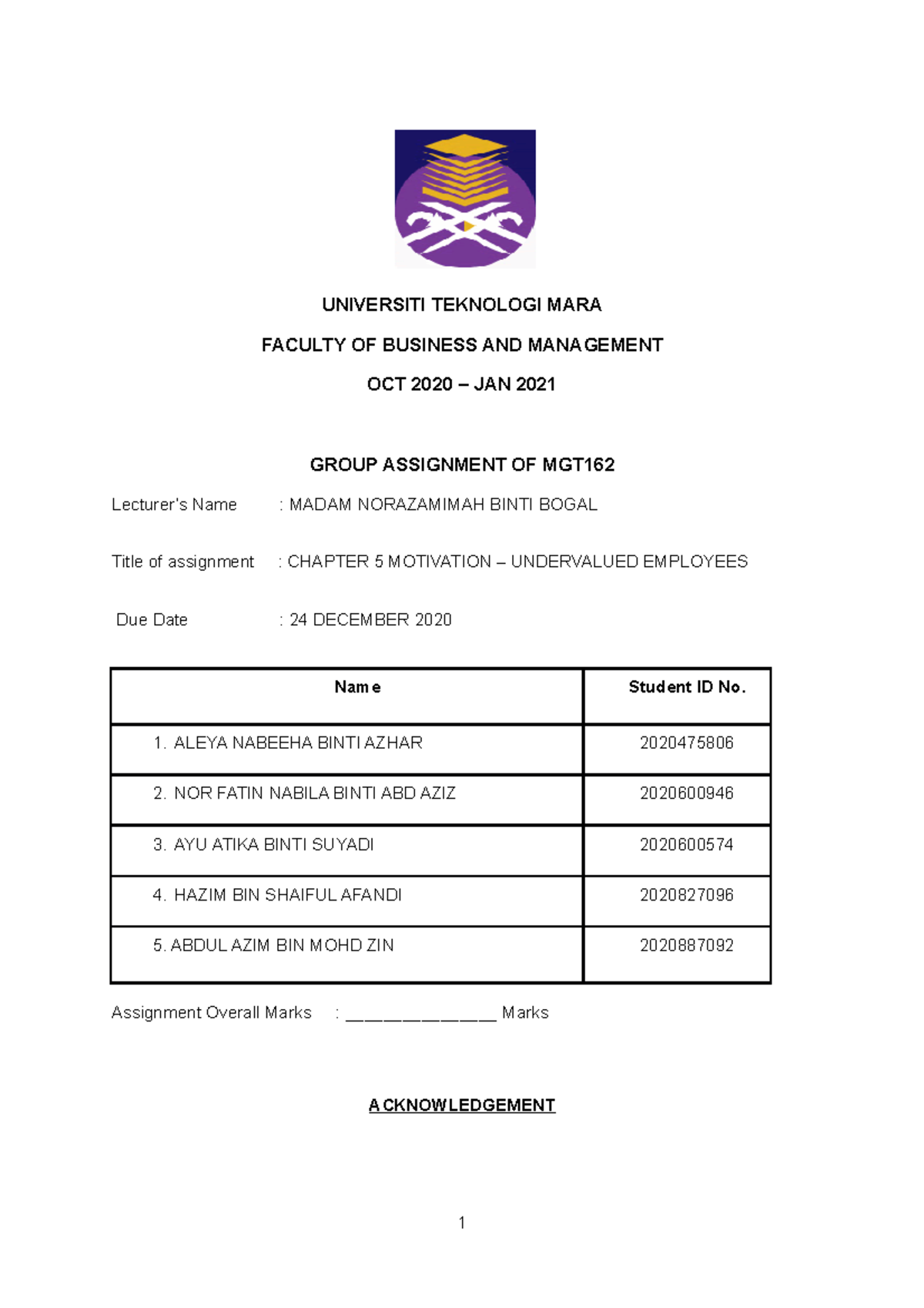 mgt162 assignment company uitm