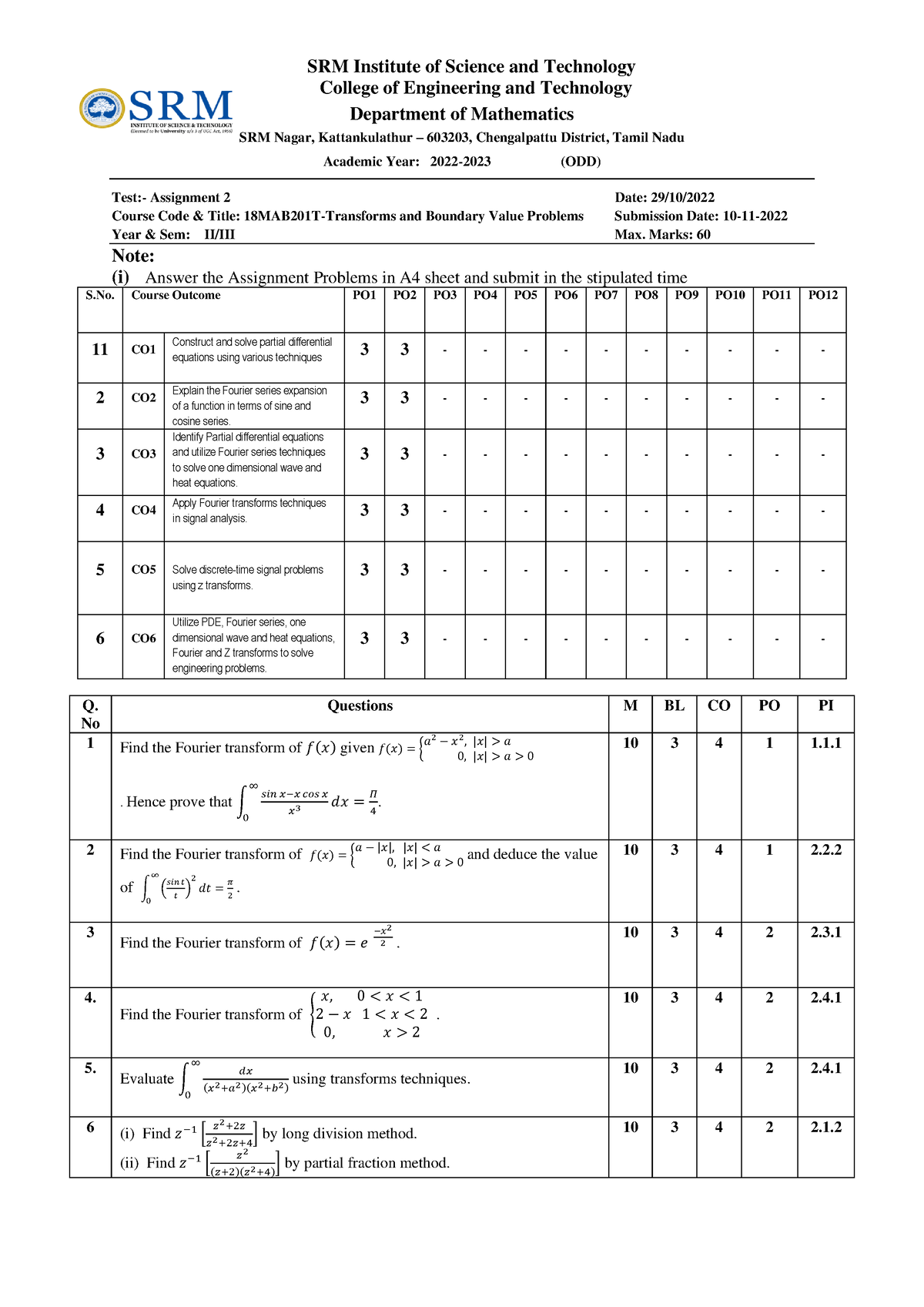 Assignment 2 - Marks: 60 Note: (i) Answer The Assignment Problems In A4 ...