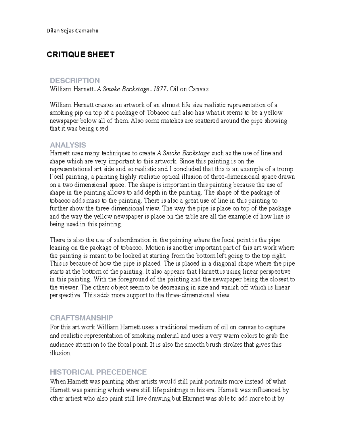 ARt critique - William Harnett - Dilan Sejas Camacho CRITIQUE SHEET ...