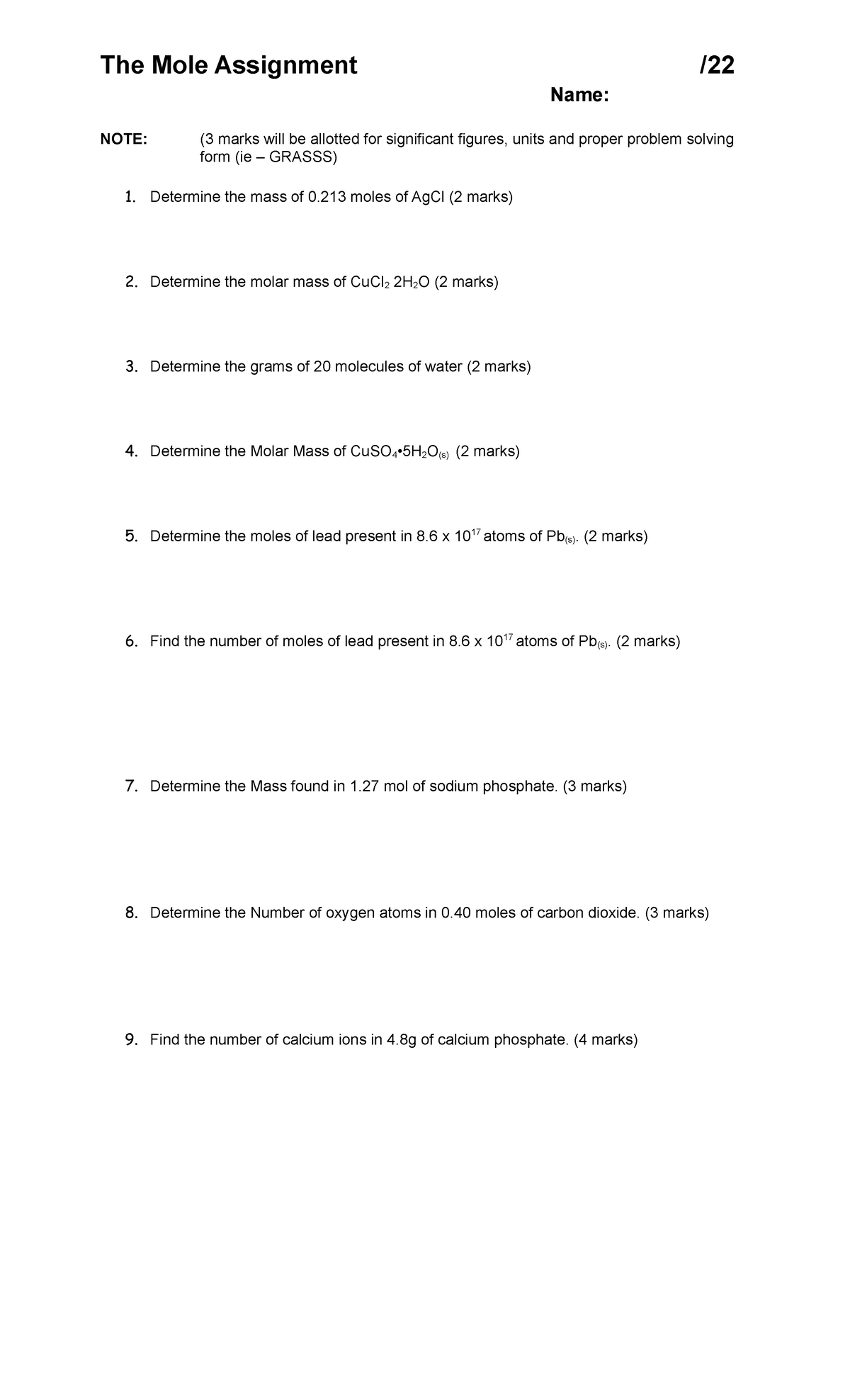 The Mole Assignment Spring (SCH4C) - The Mole Assignment / Name: NOTE ...