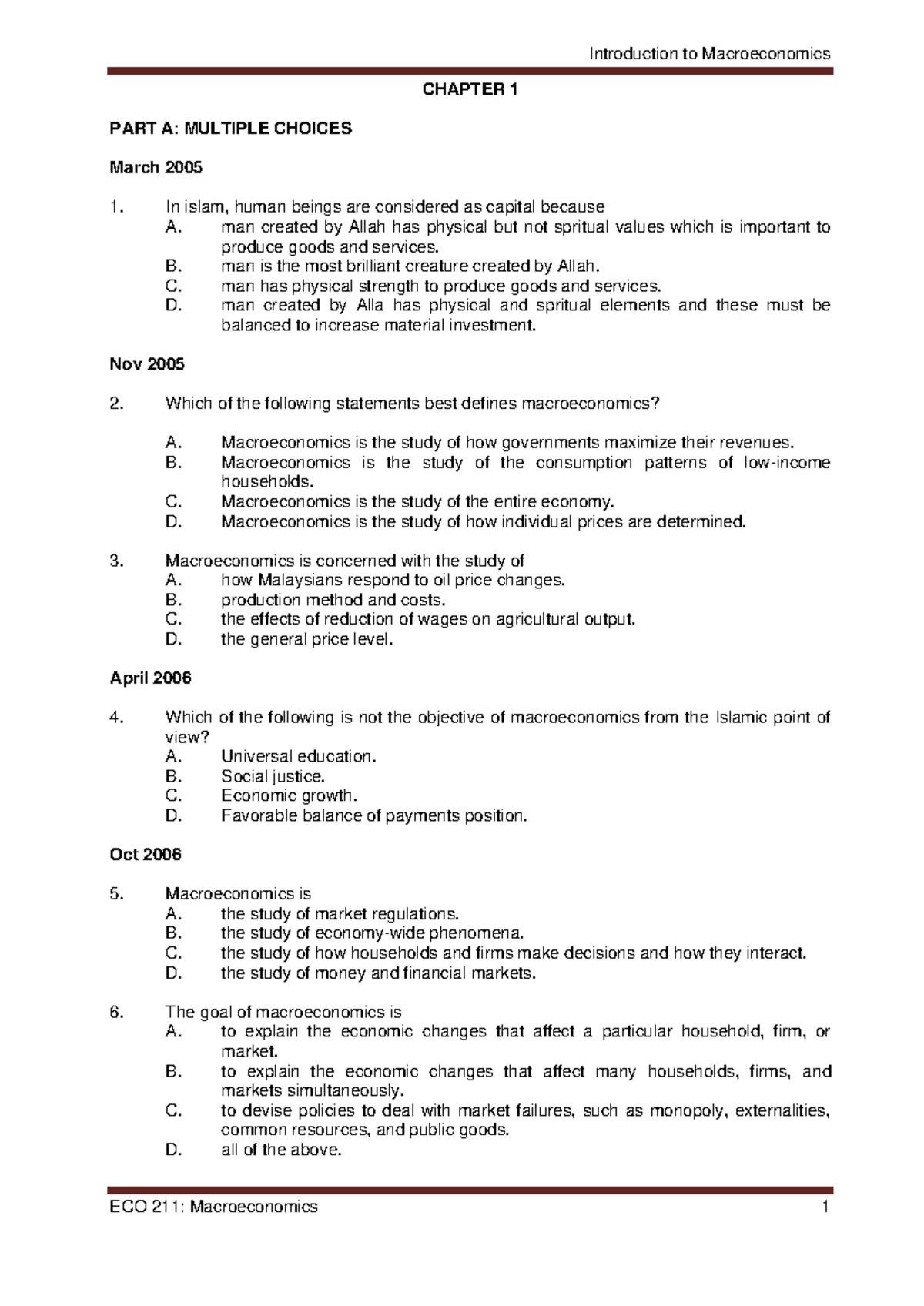 Chapter 1 - PYQ - CHAPTER 1 PART A: MULTIPLE CHOICES March 2005 In ...