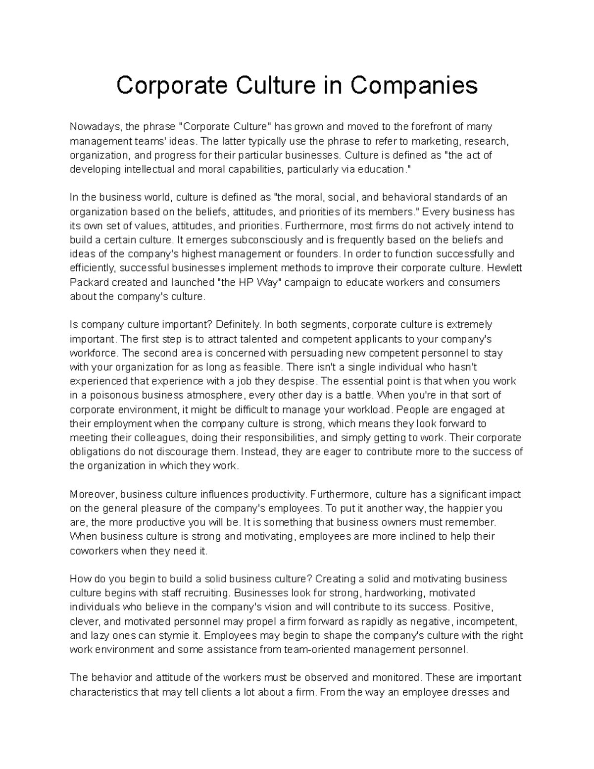 essay about corporate culture