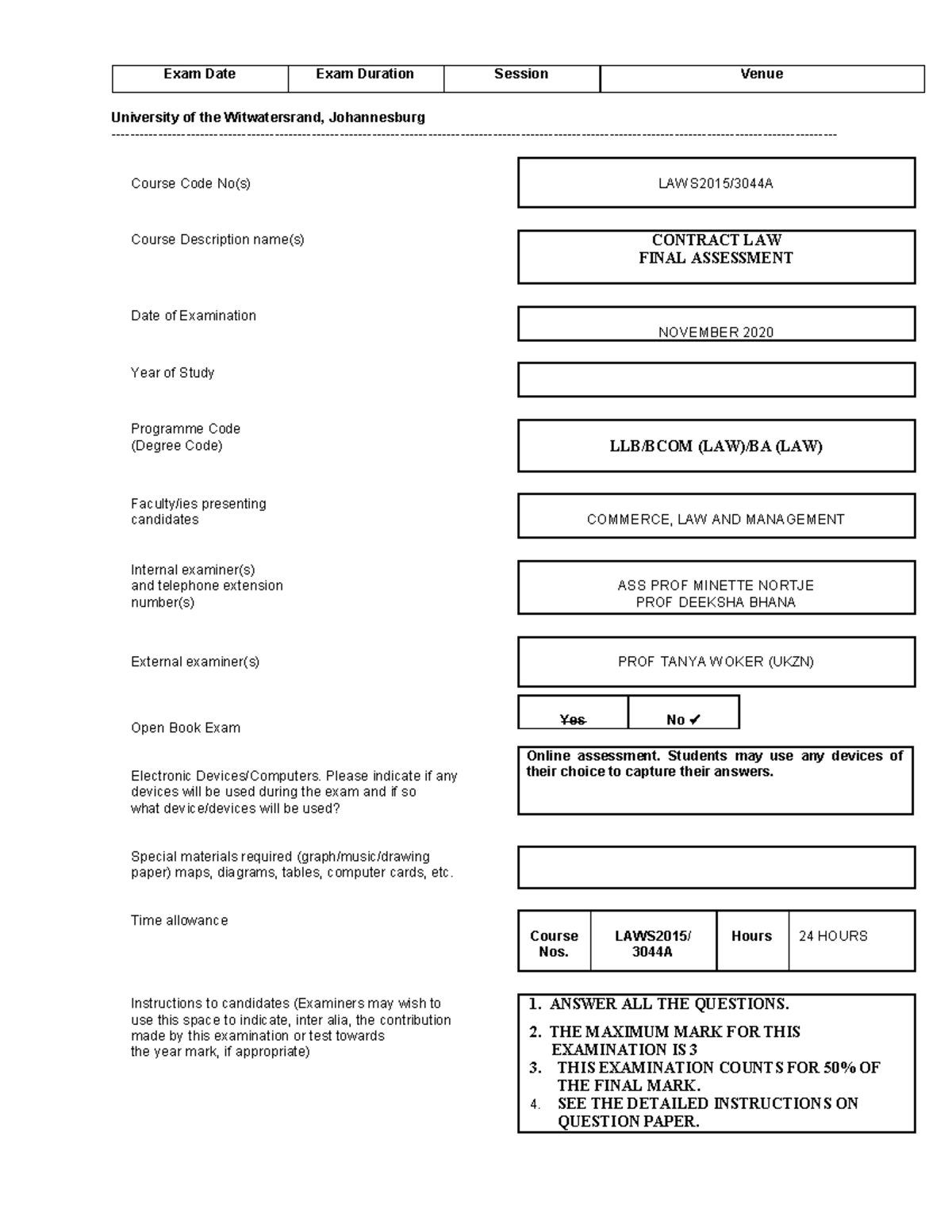 2020 11 Contract EXAM - 2020 November Past Paper - LAWS2015 - Wits ...