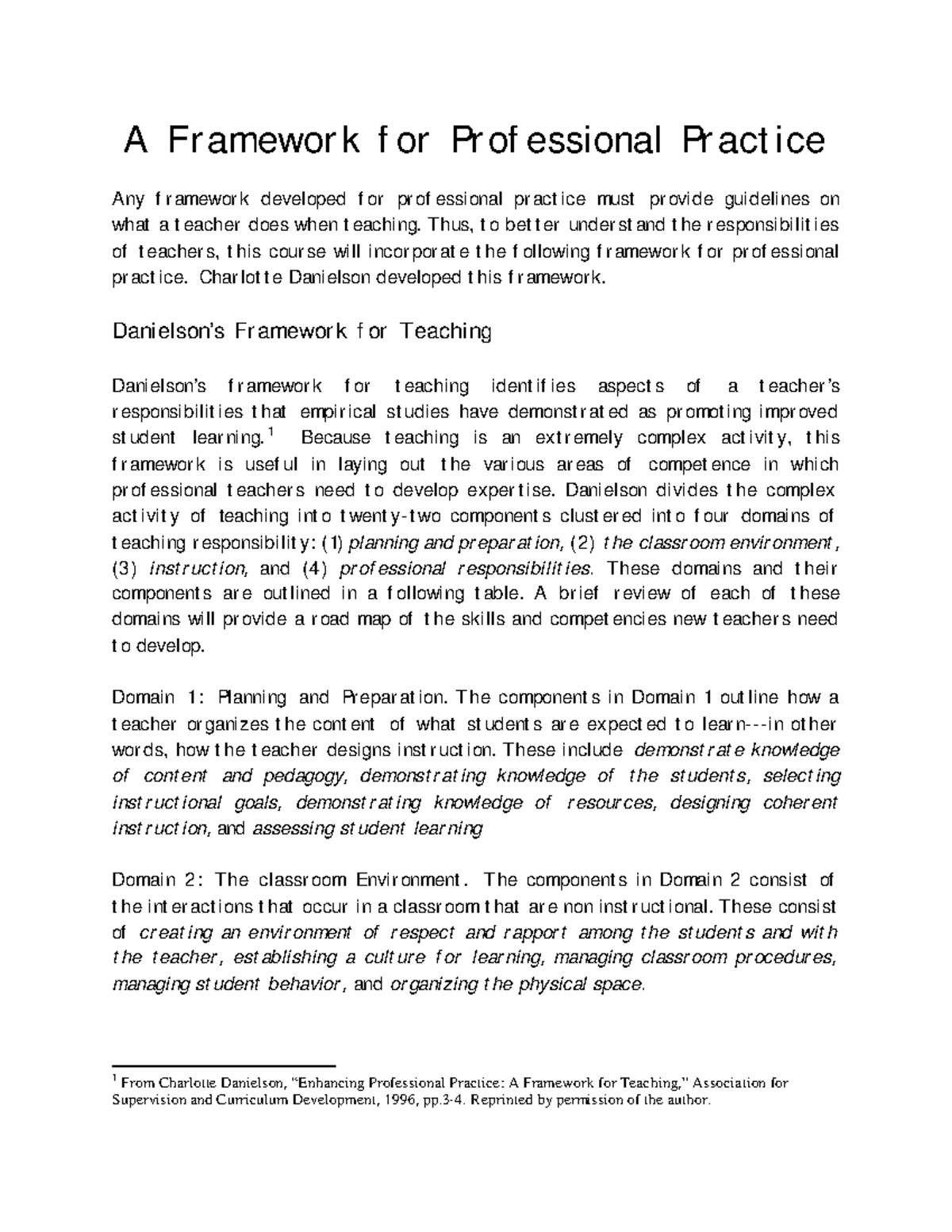 Danielson's Framework for Professional Practice web A Framework f or