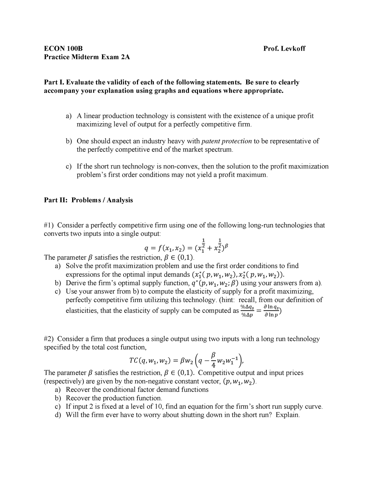 Practice Midterm Exam 2A - ECON 100B Prof. Levkoff Practice Midterm ...