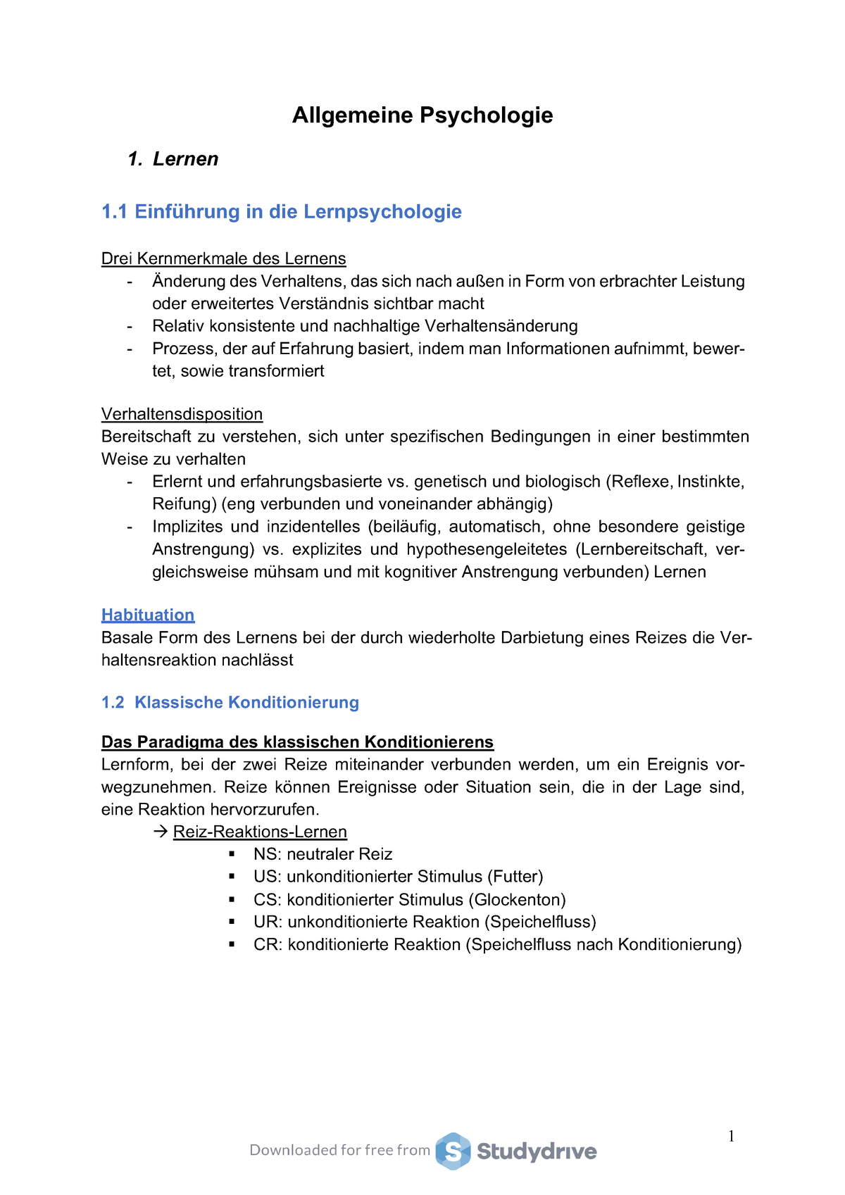 Allgemeine Psychologie - 1. Lernen Allgemeine Psychologie 1 Einführung ...