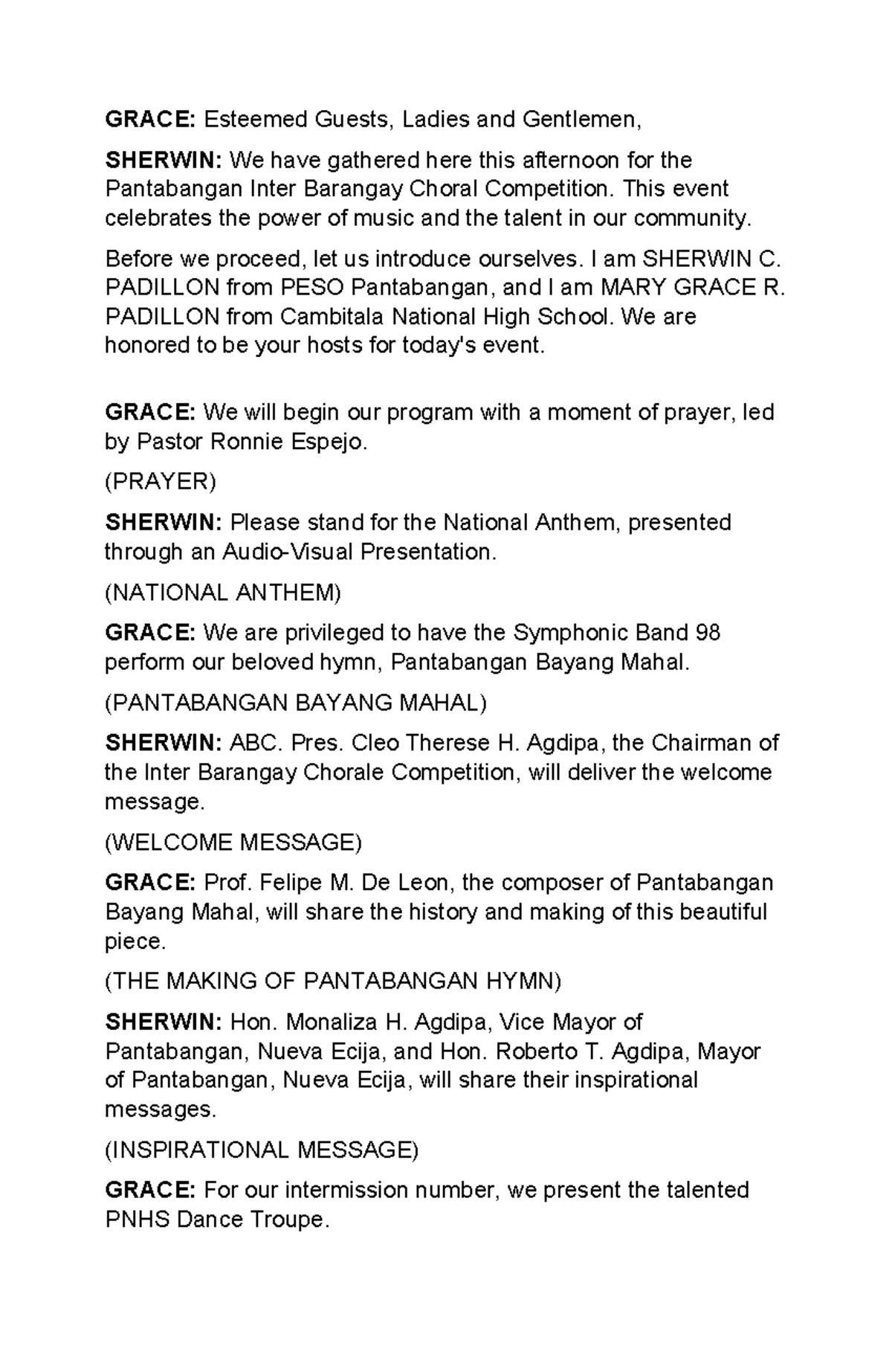 script writing for hosting an event - GRACE: Esteemed Guests, Ladies ...