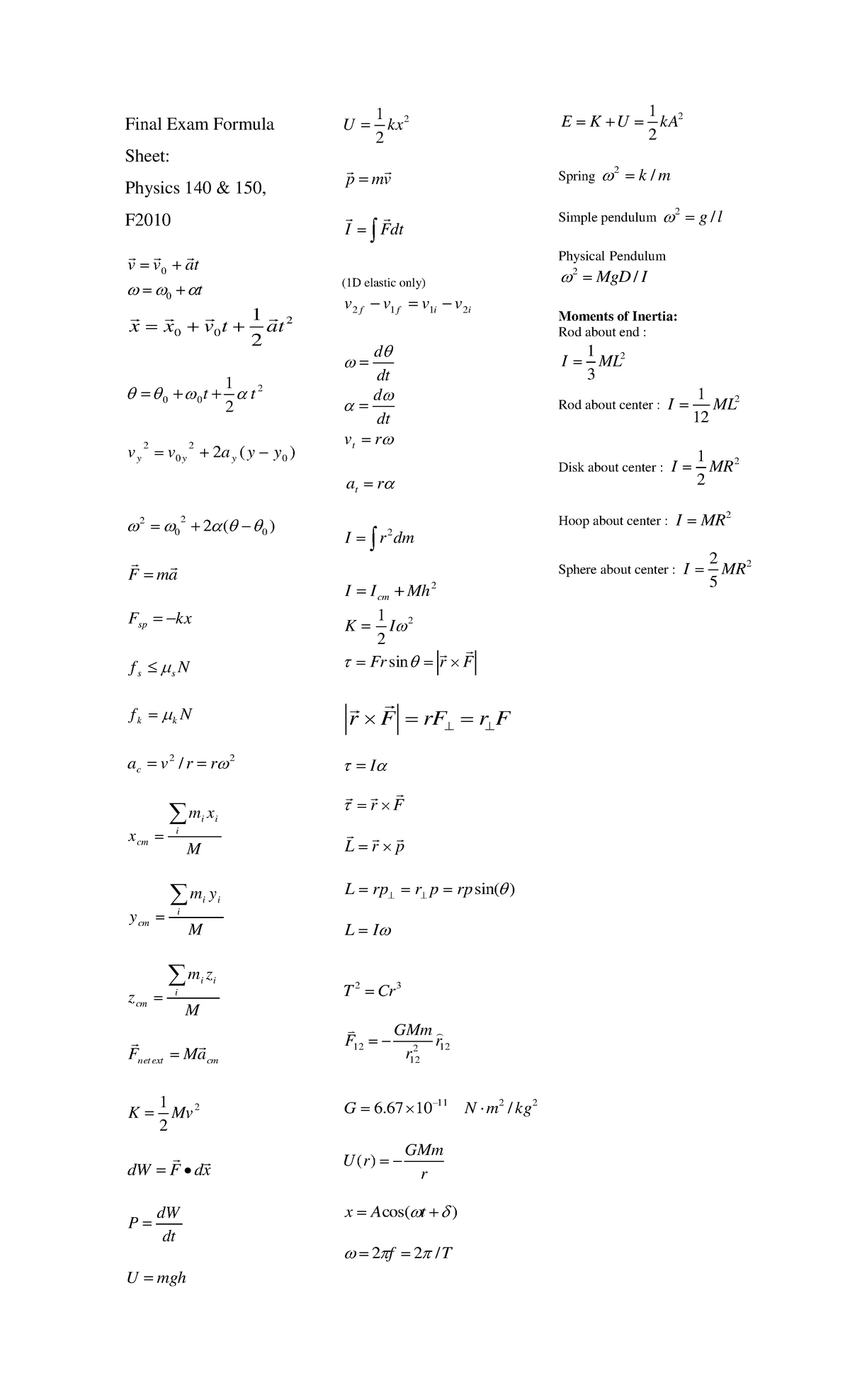 Formula Sheet final - Final Exam Formula Sheet: Physics 140 & 150, F v ...
