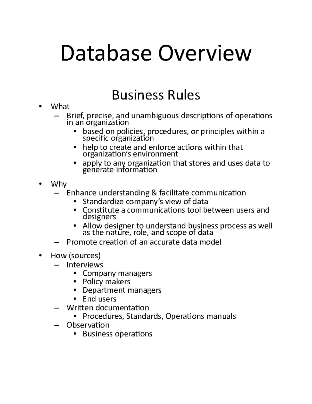 Databases Overview - Database Overview Business Rules • What – Brief ...