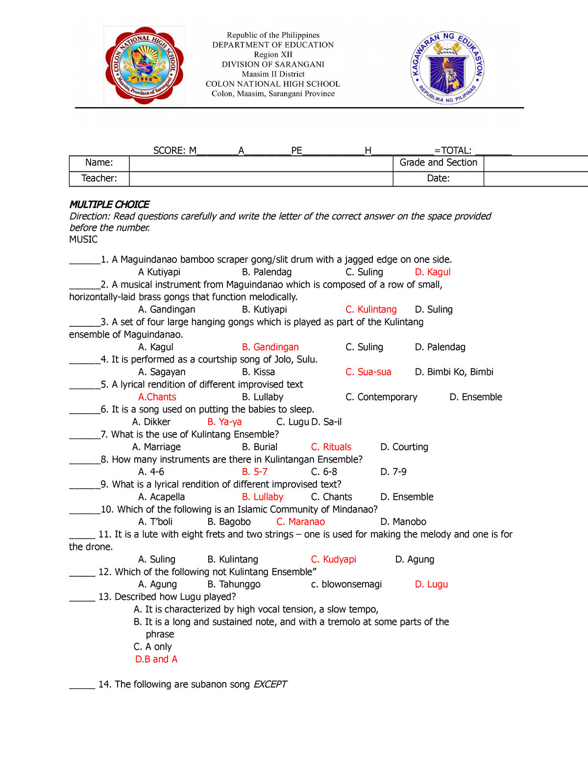 MAPEH Q3 Exam Final 2022-2023 With Answers - SCORE: - Studocu