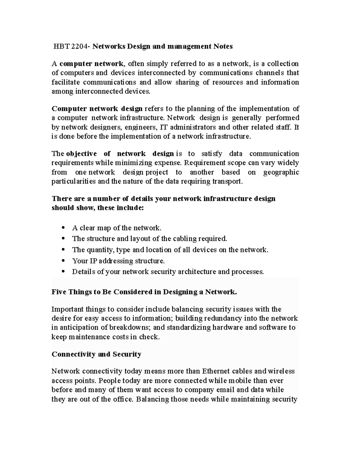 HBT 2204 Network Design And Management HBT 2204 Networks Design and