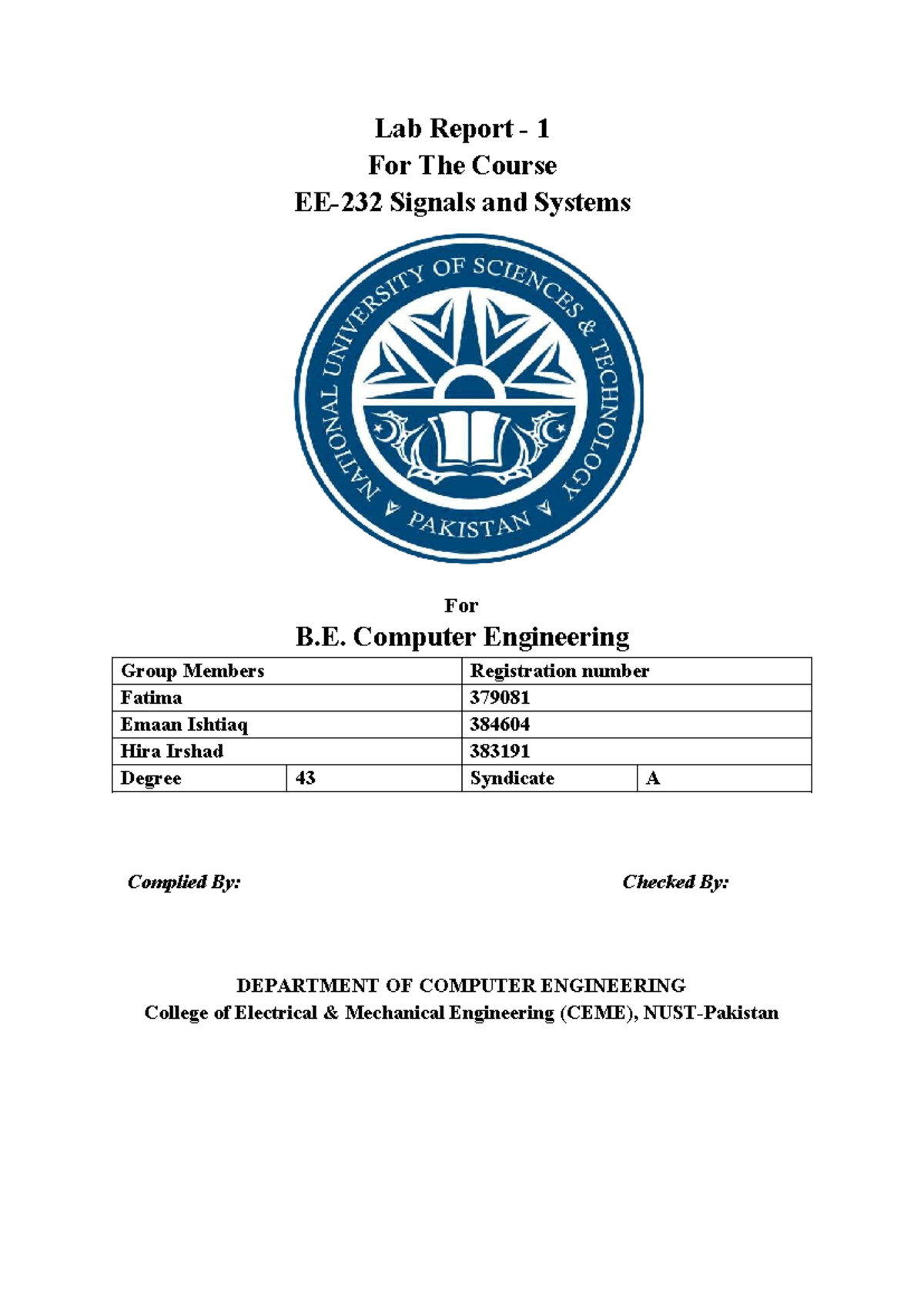 Lab Report 1 - Computer Engineering Group Members Registration number ...