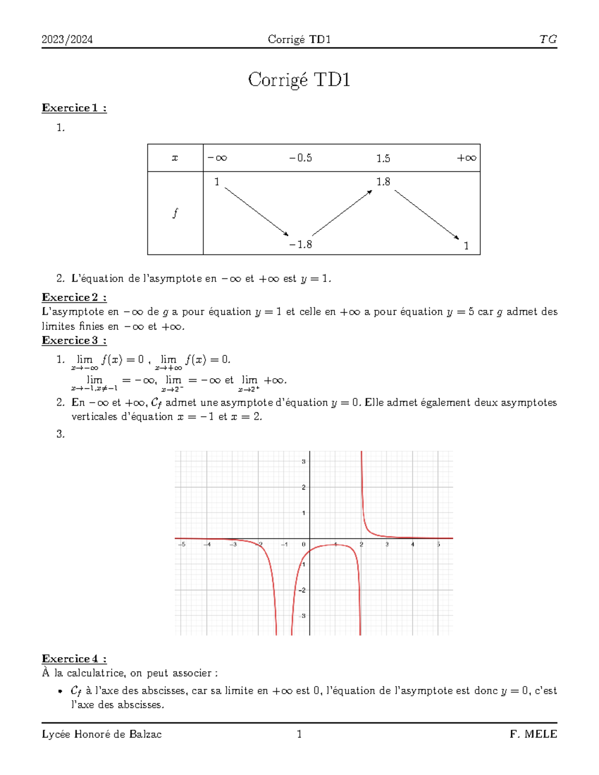 Corrige TD1 - exo de maths sur les limites - Corrigé TD Exercice 1 : x ...