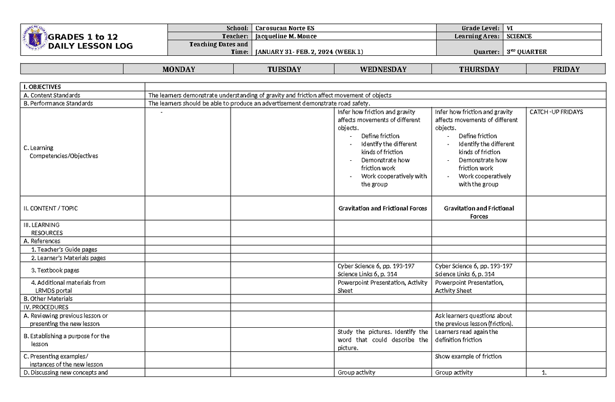 DLL Science 6 Q3 W1 - GRADES 1 to 12 DAILY LESSON LOG School: Carosucan ...
