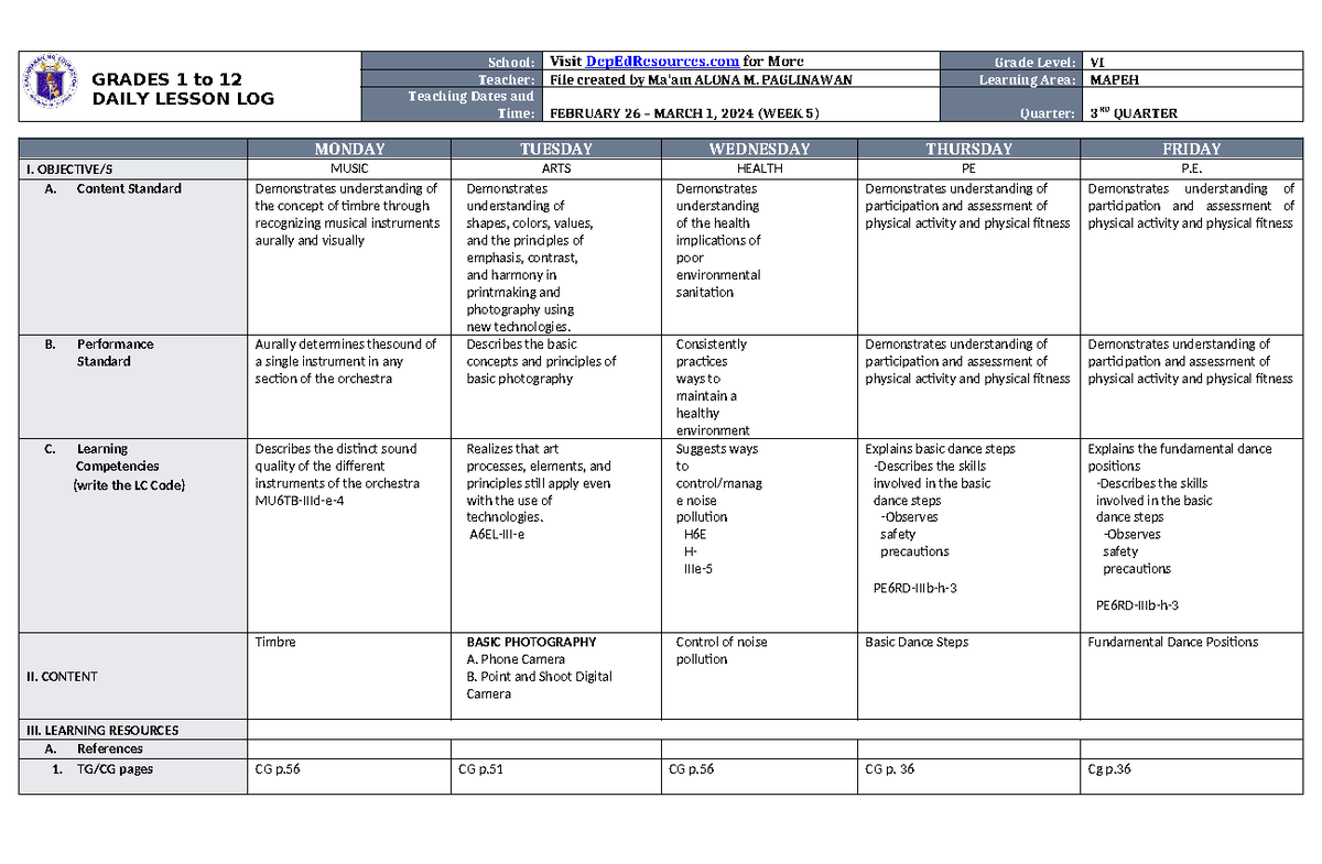 DLL Mapeh 6 Q3 W5 - GRADES 1 to 12 DAILY LESSON LOG School: Visit ...