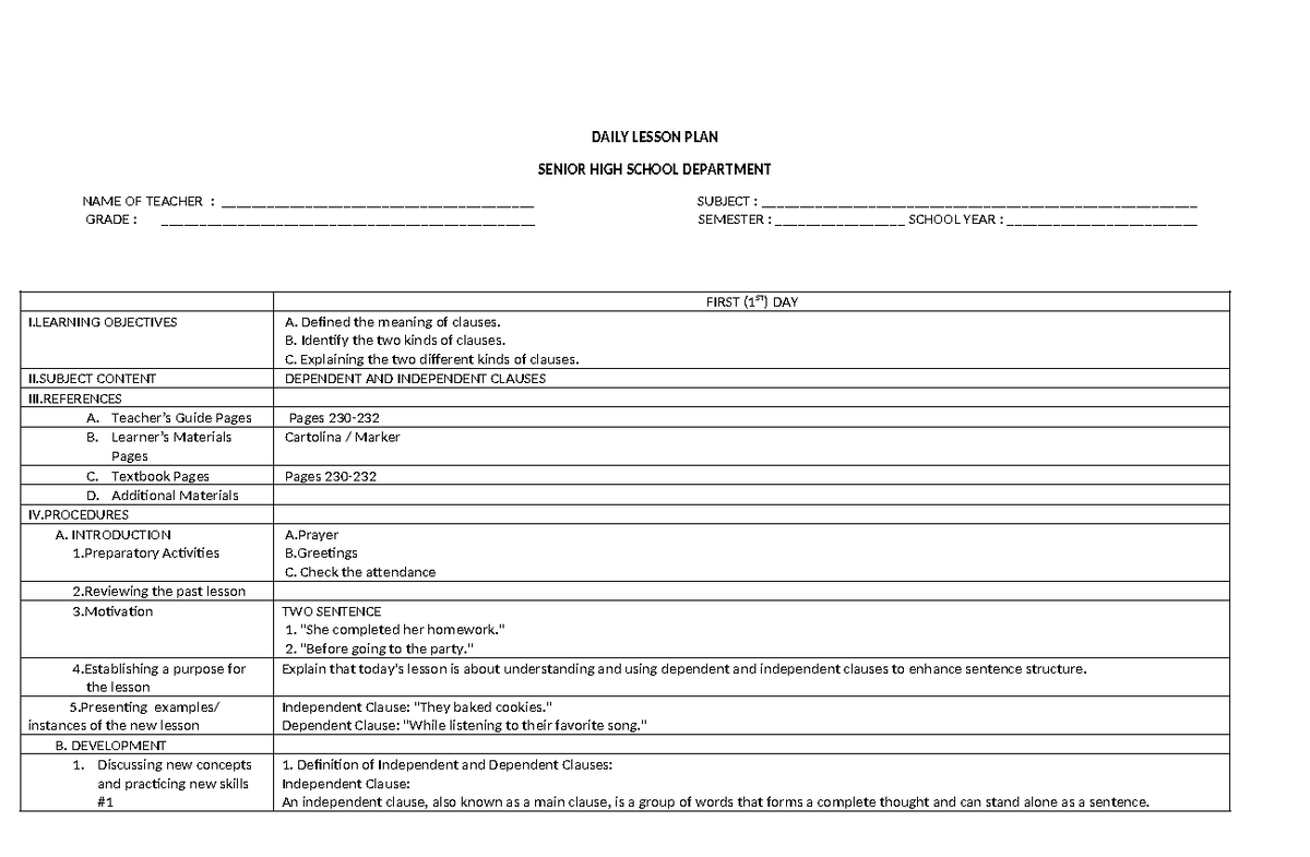 Template Lesson PLAN Midterms 4 - DAILY LESSON PLAN SENIOR HIGH SCHOOL ...