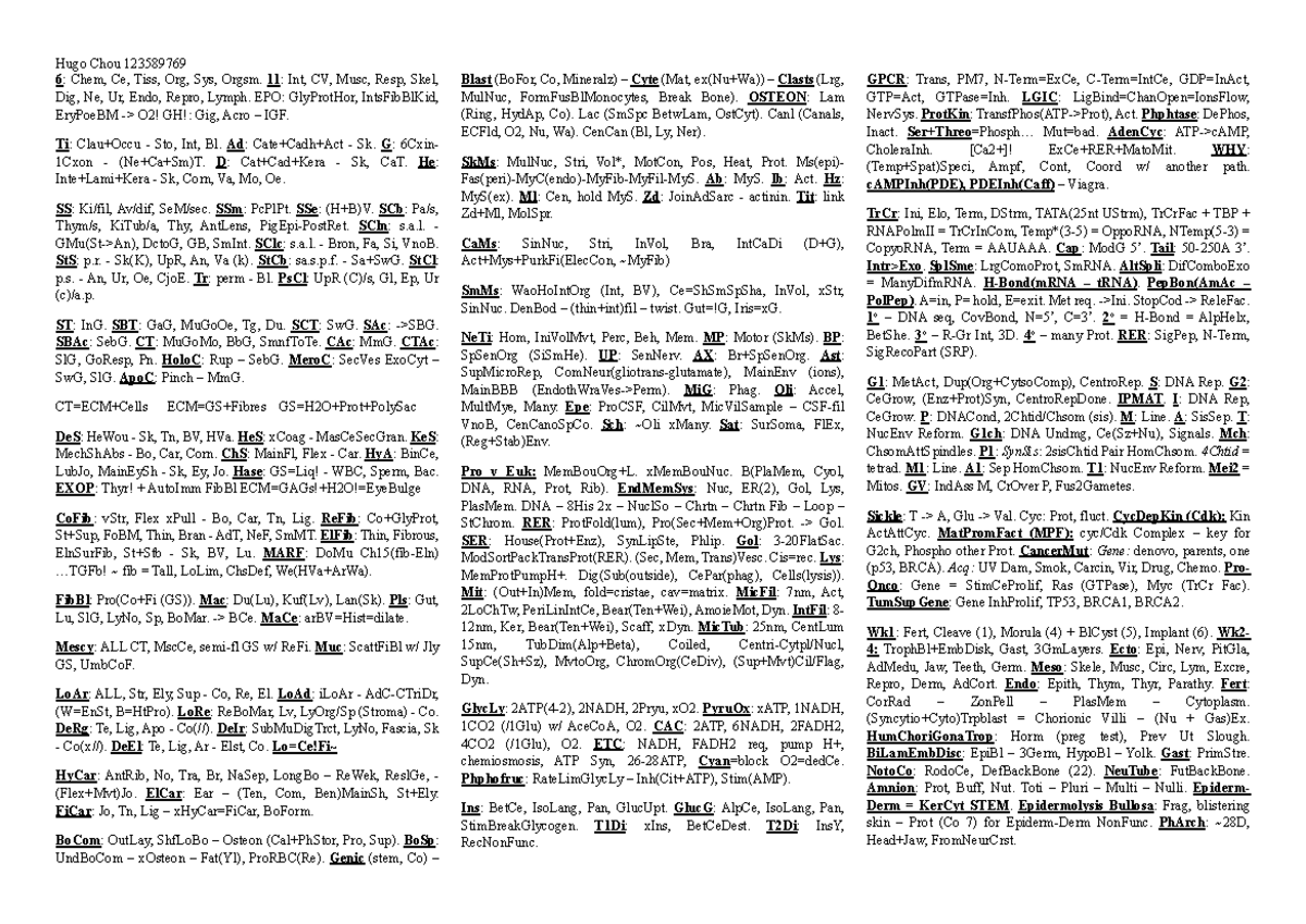 Biosci 107 A4 Sheet - Hugo Chou 123589769 6 : Chem, Ce, Tiss, Org, Sys ...