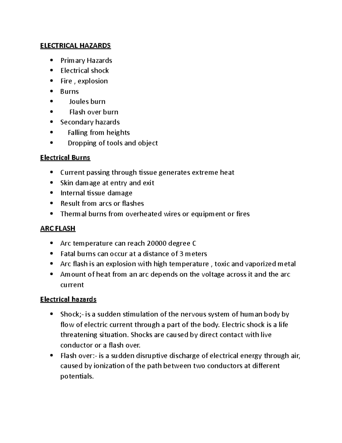 Electrical Hazards Lecture notes ELECTRICAL HAZARDS Primary Hazards