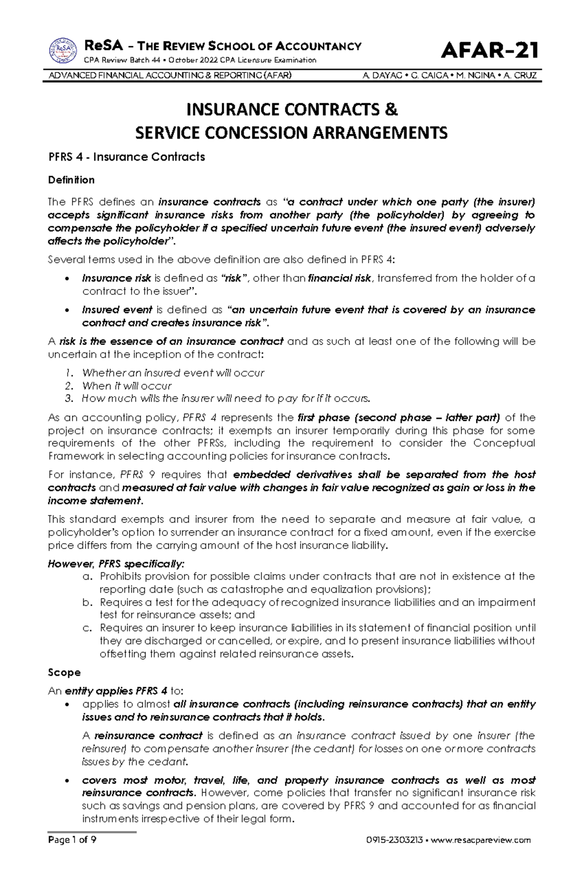 AFAR 21 Insurance Contracts Service Concession Arrangements ReSA