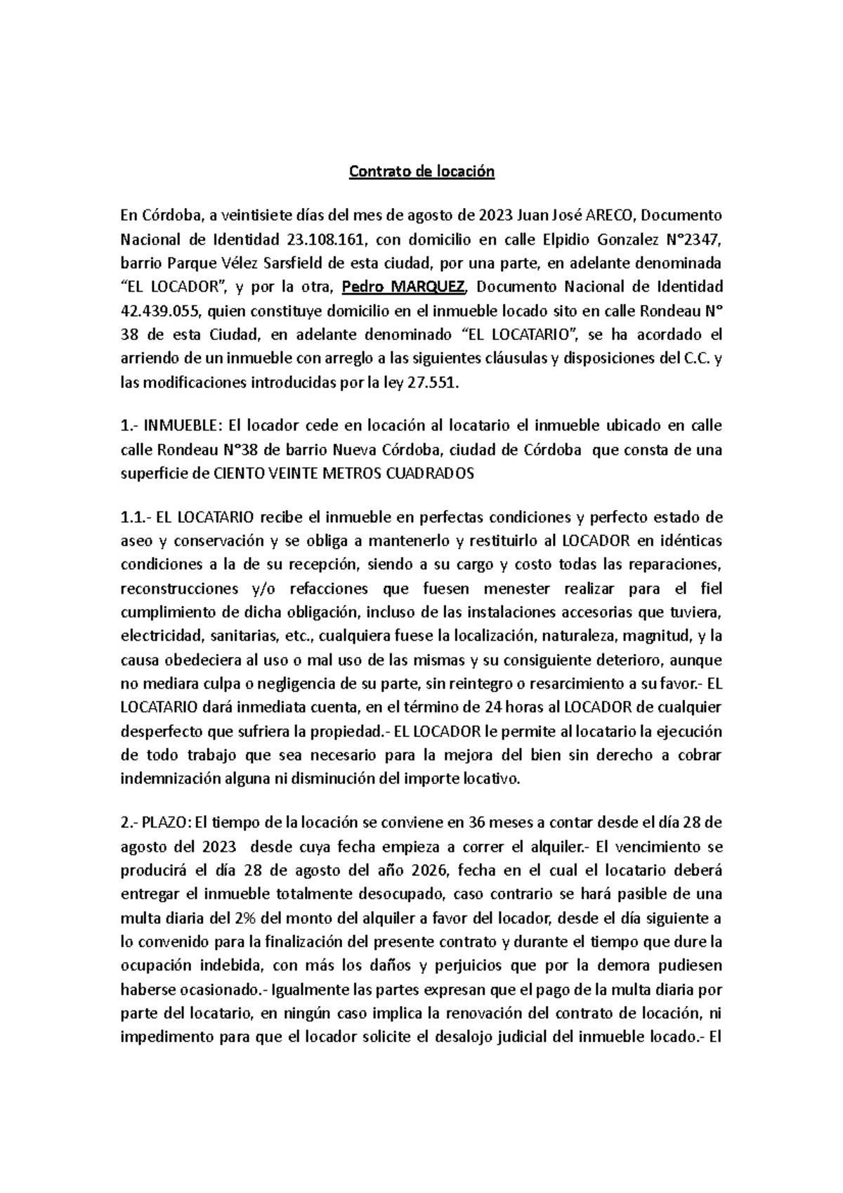 Tp1 Modelo De Contrato De Locación Contrato De Locación En Córdoba A Veintisiete Días Del 4912