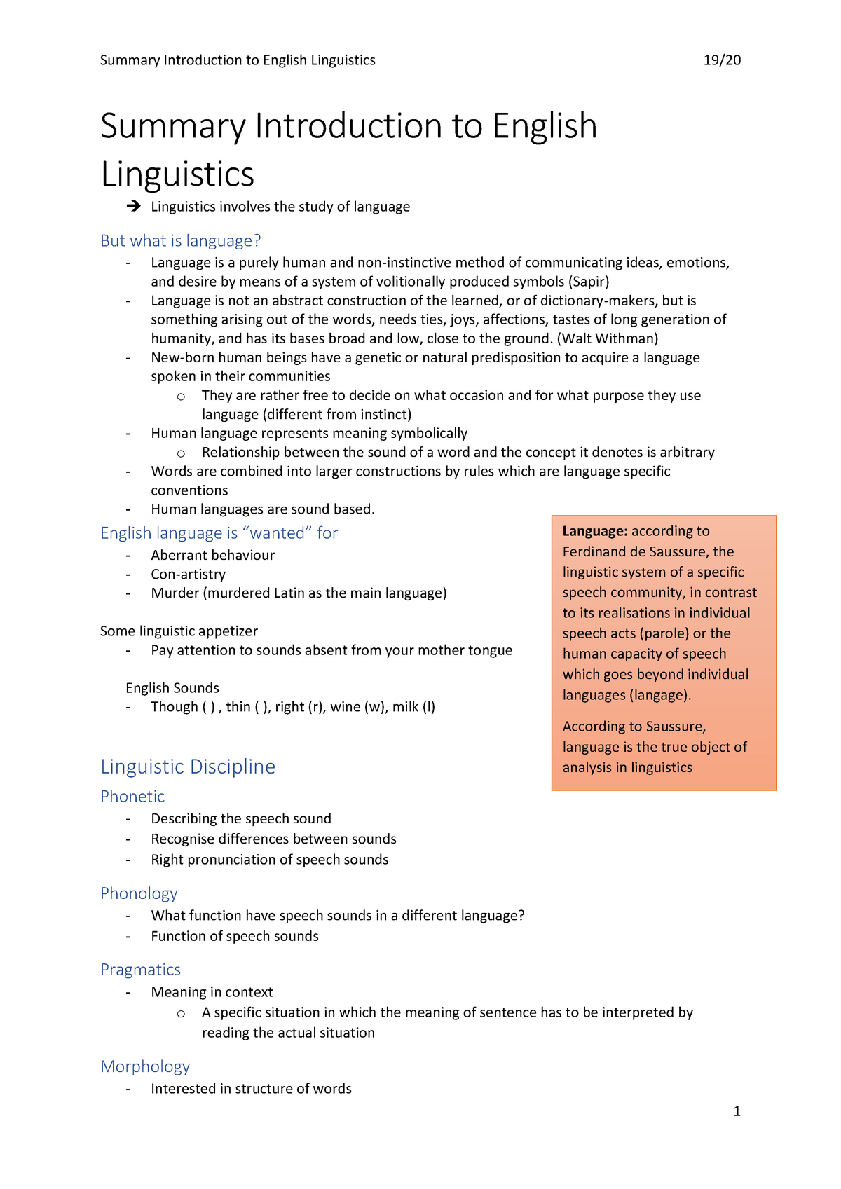 Summary Introduction to English Linguistics 19 20 - Warning: TT 