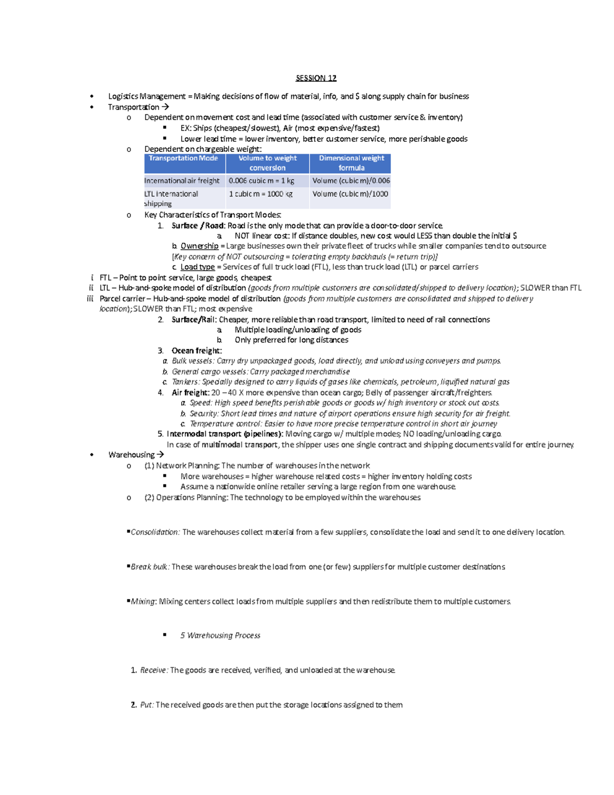 Written Notes for Sessions 12-16 - Logistics Management = Making ...