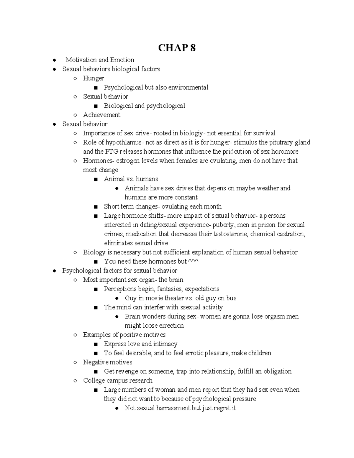 Pysch chap 7 and 8 notes - CHAP 8 Motivation and Emotion Sexual ...