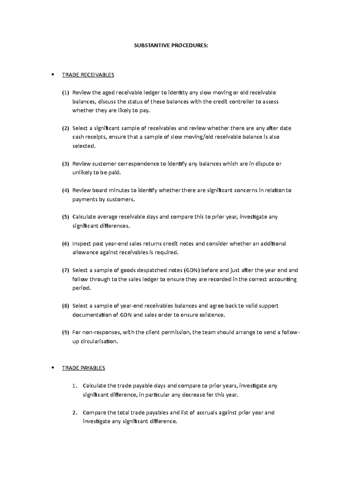 Substantive Procedures ACCA SUBSTANTIVE PROCEDURES TRADE RECEIVABLES